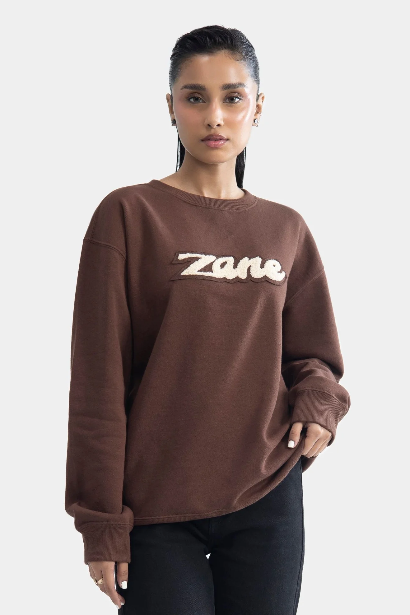 Drop Shoulder Boucle Sweatshirt - Brown