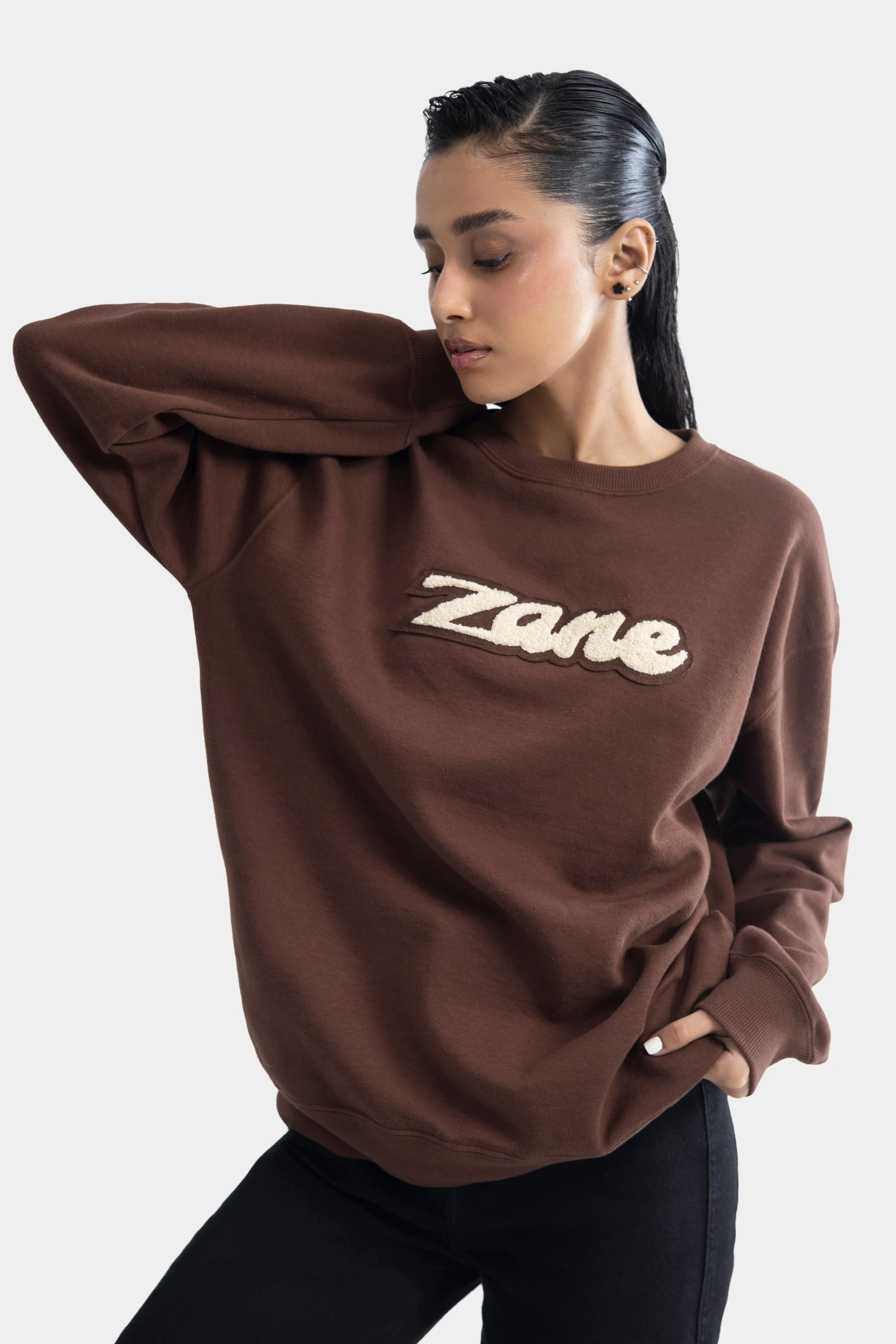 Drop Shoulder Boucle Sweatshirt - Brown - Image 2