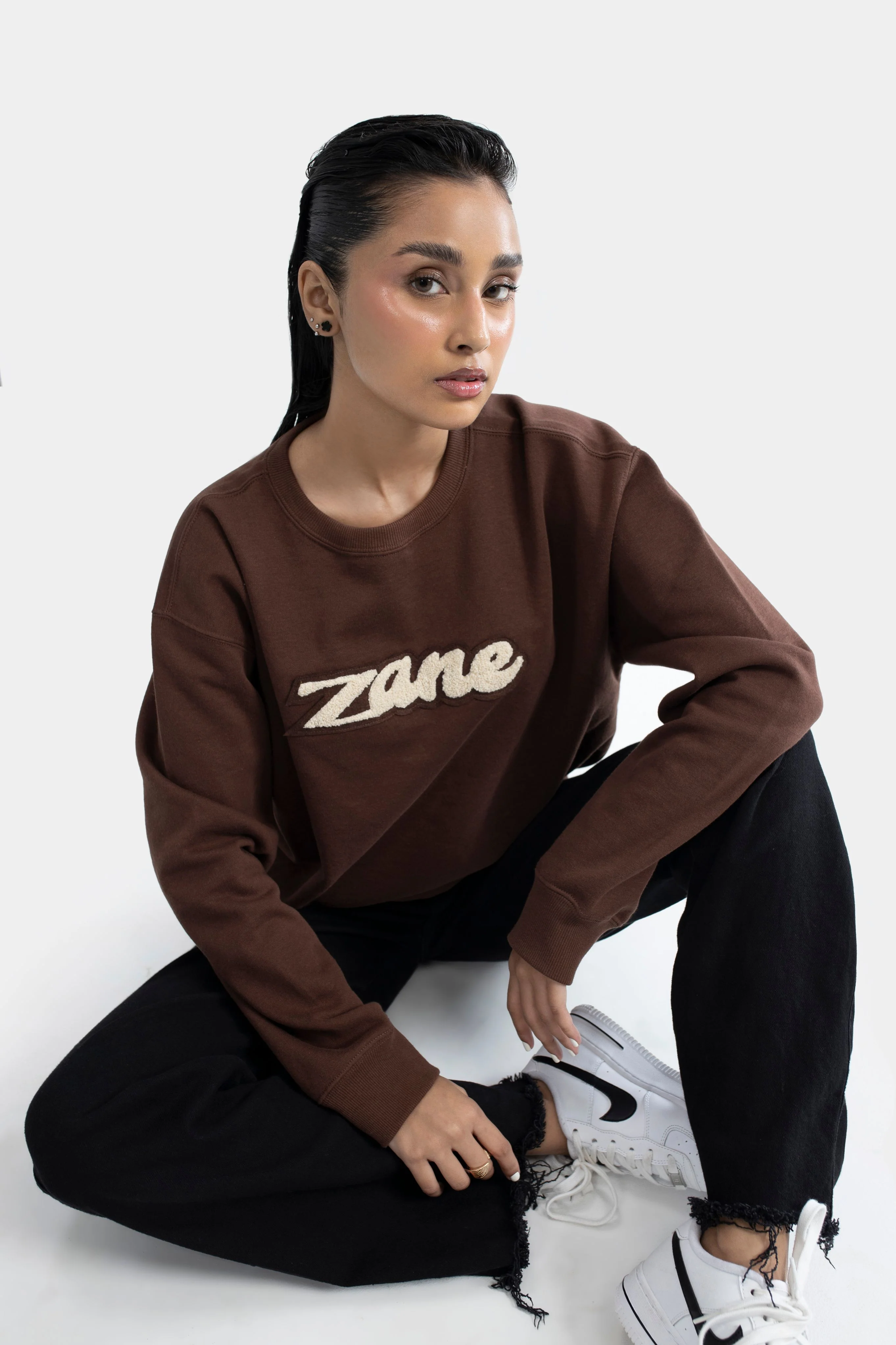 Drop Shoulder Boucle Sweatshirt - Brown - Image 4