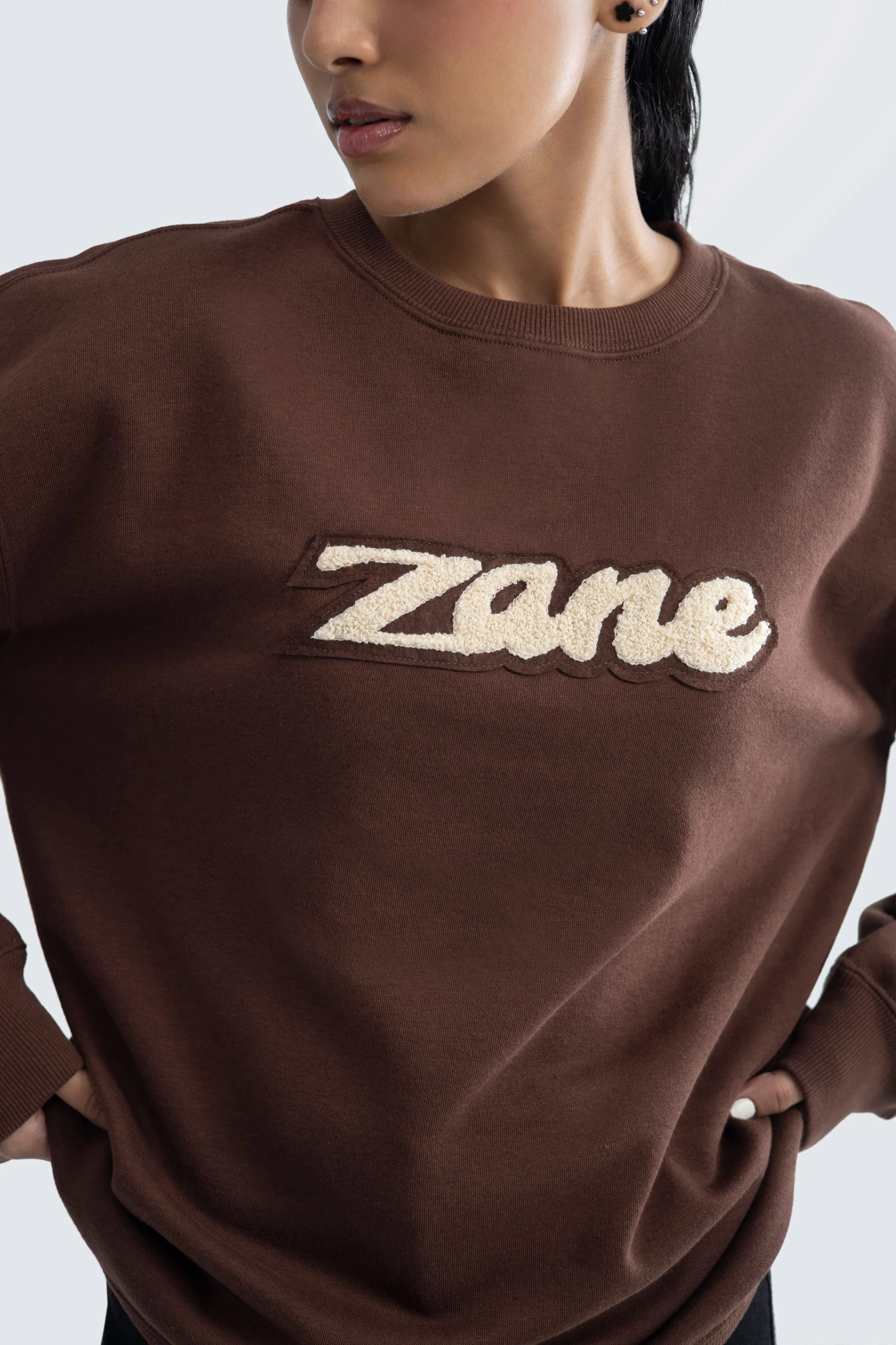 Drop Shoulder Boucle Sweatshirt - Brown - Image 5