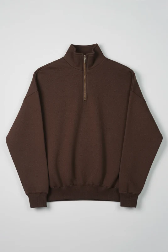 Women Classic Quarter Zip-up Sweatshirt - Brown - Image 5