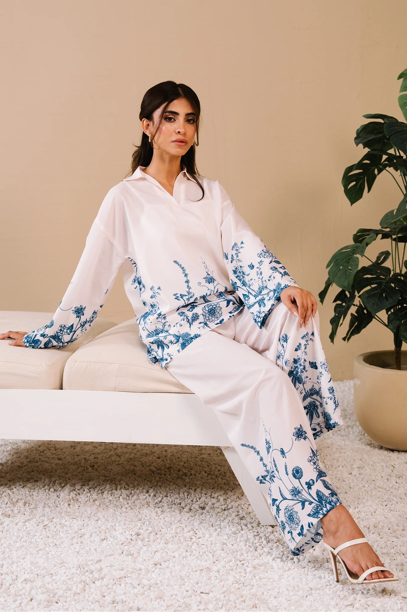 Collared Printed Co-ord Set - White - Image 5
