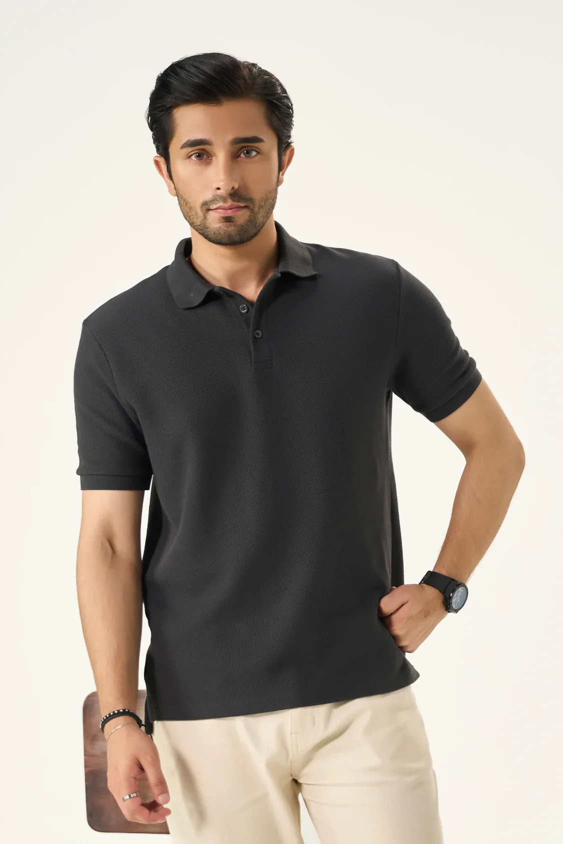Diamond Texture Polo Shirt - Charcoal - Image 5