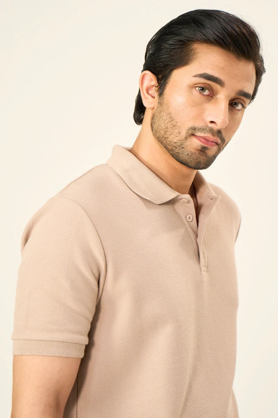 Diamond Texture Polo Shirt - Sand - Image 3