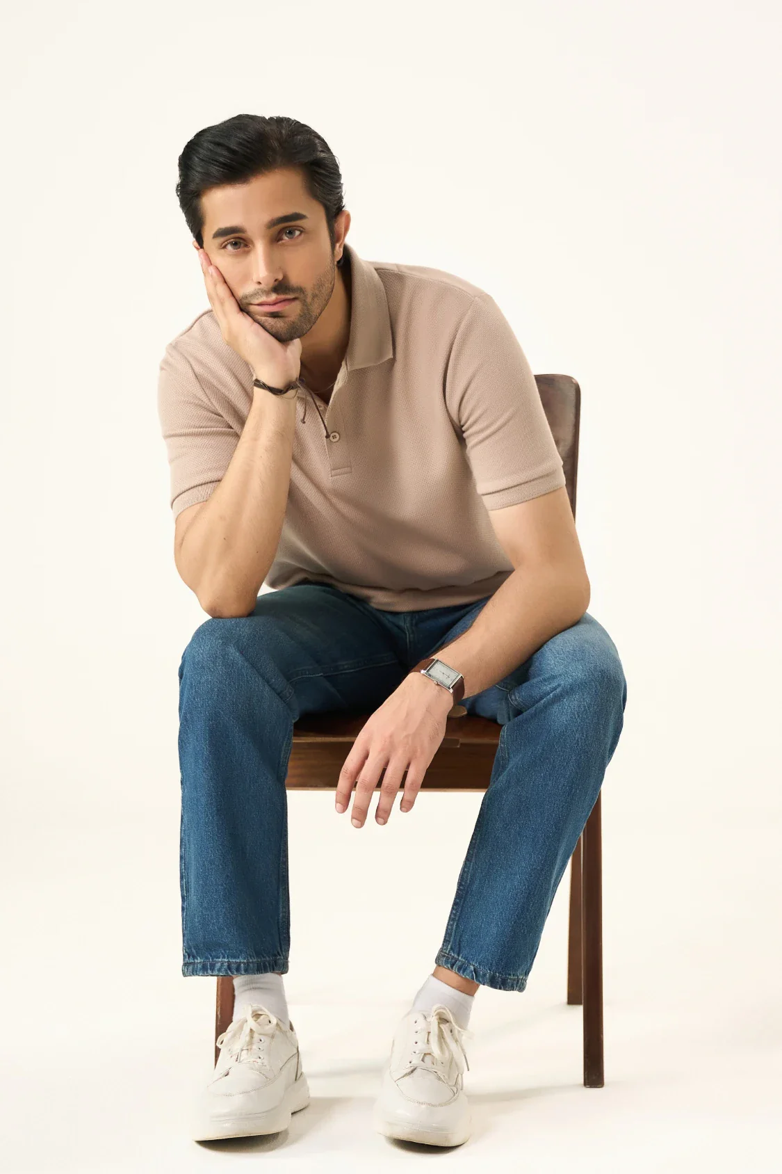Diamond Texture Polo Shirt - Sand - Image 5