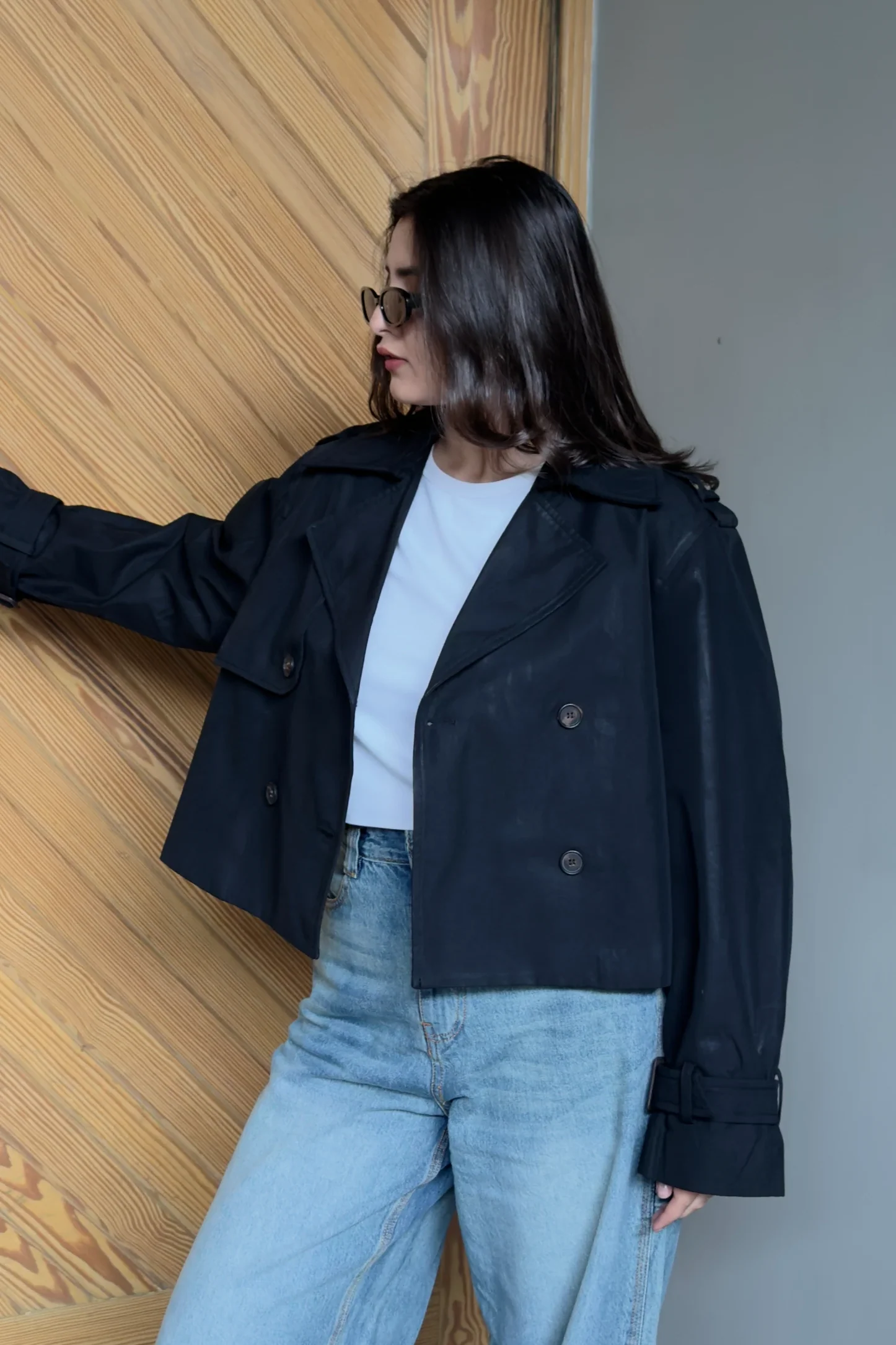 Double Breasted Cropped Trench Coat - Black - Image 4