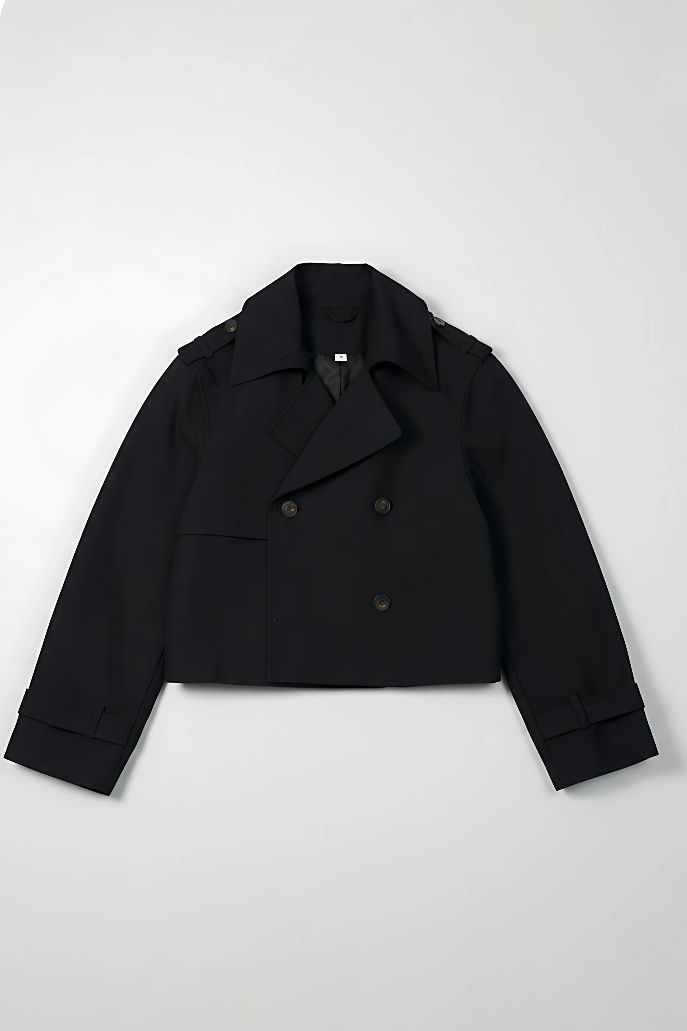 Double Breasted Cropped Trench Coat - Black - Image 5