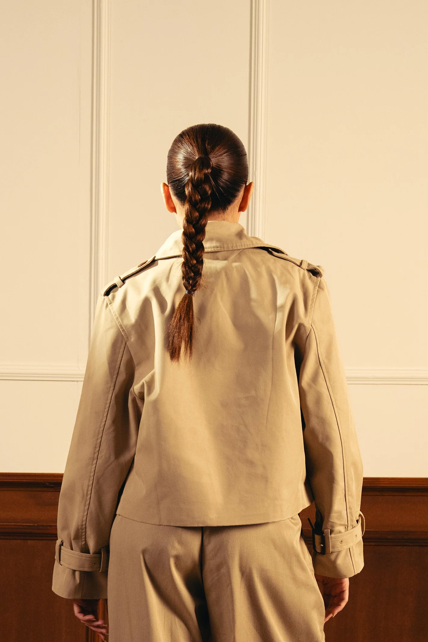 Double Breasted Cropped Trench Coat - Khaki - Image 3