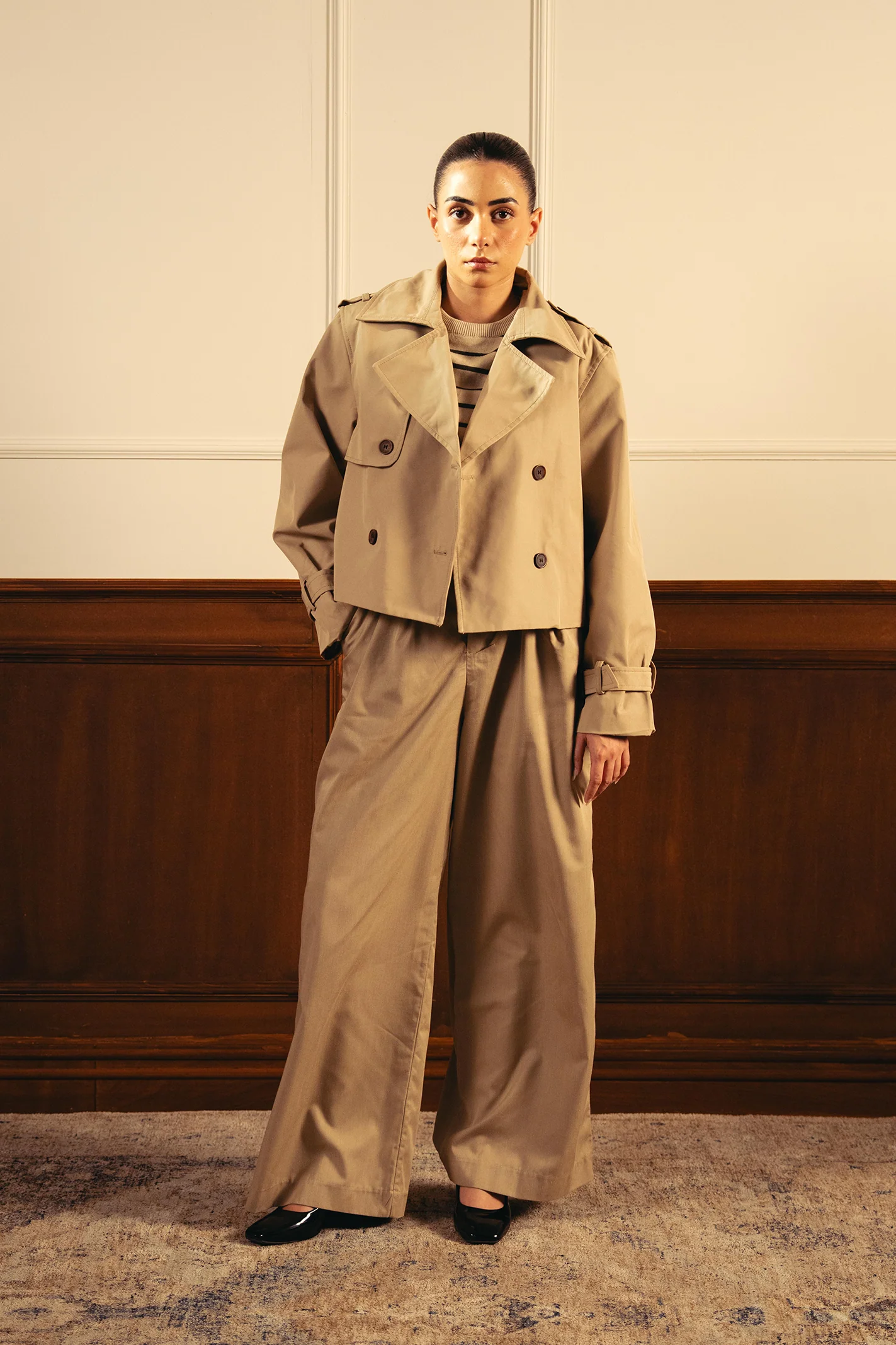 Double Breasted Cropped Trench Coat - Khaki - Image 4