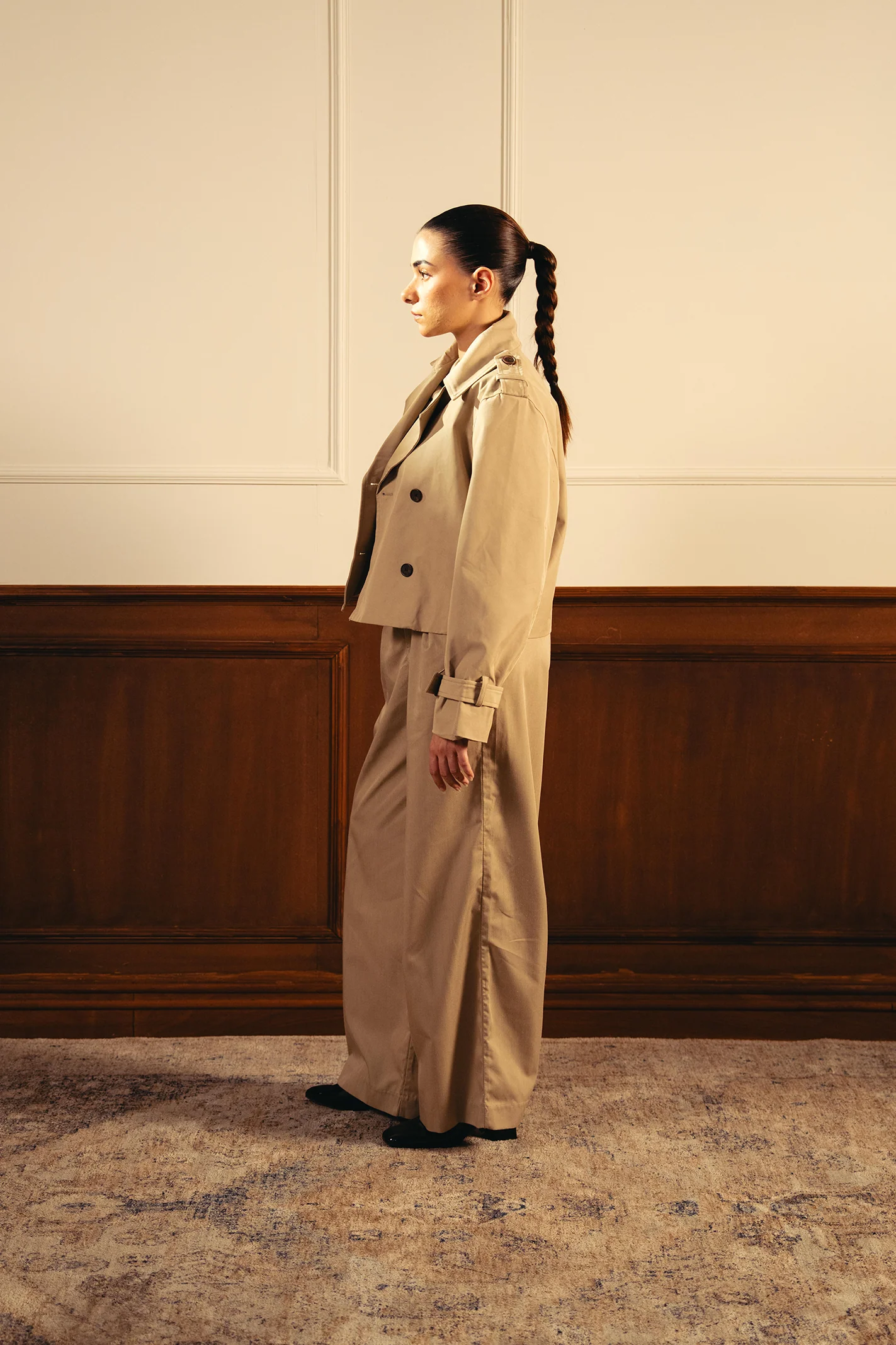 Double Breasted Cropped Trench Coat - Khaki - Image 5