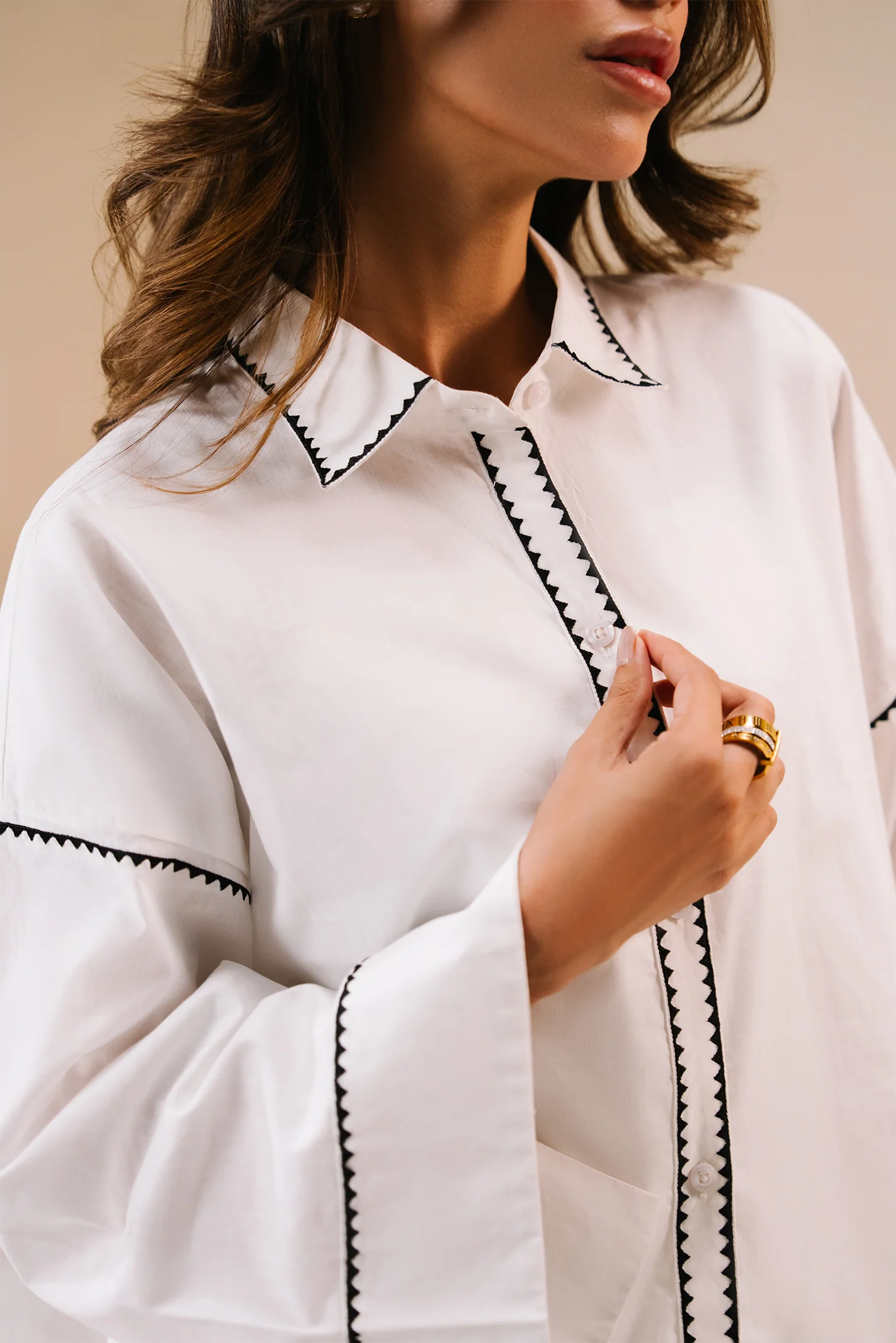 Embroidered Button Down Co-ord Set - White - Image 3
