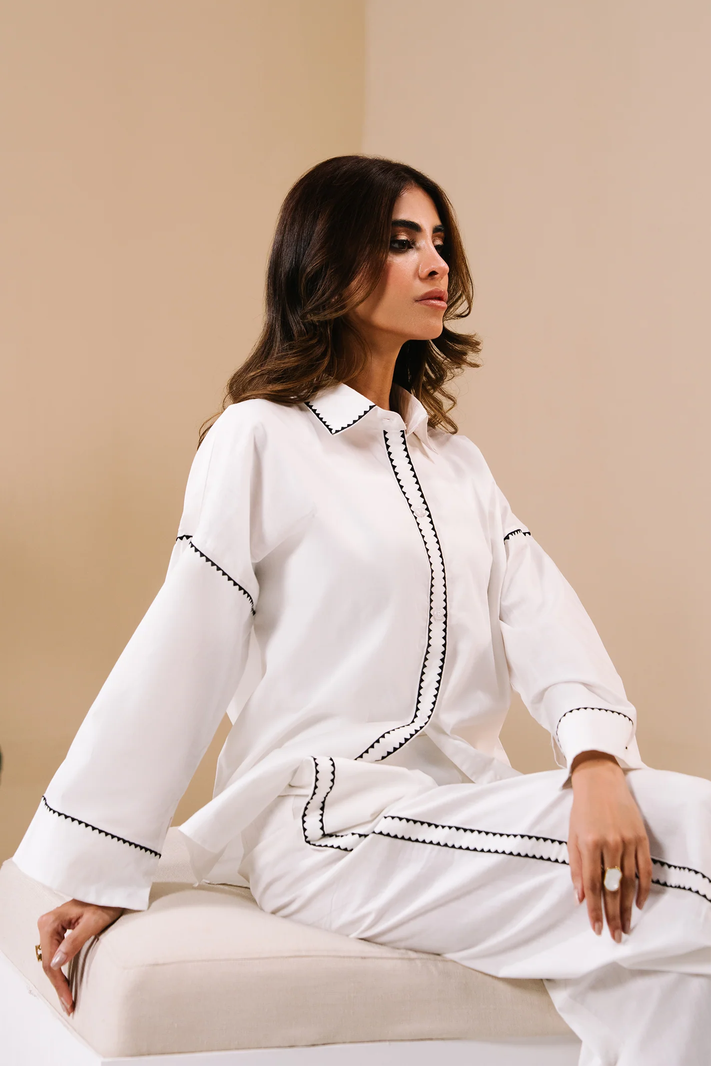 Embroidered Button Down Co-ord Set - White - Image 4