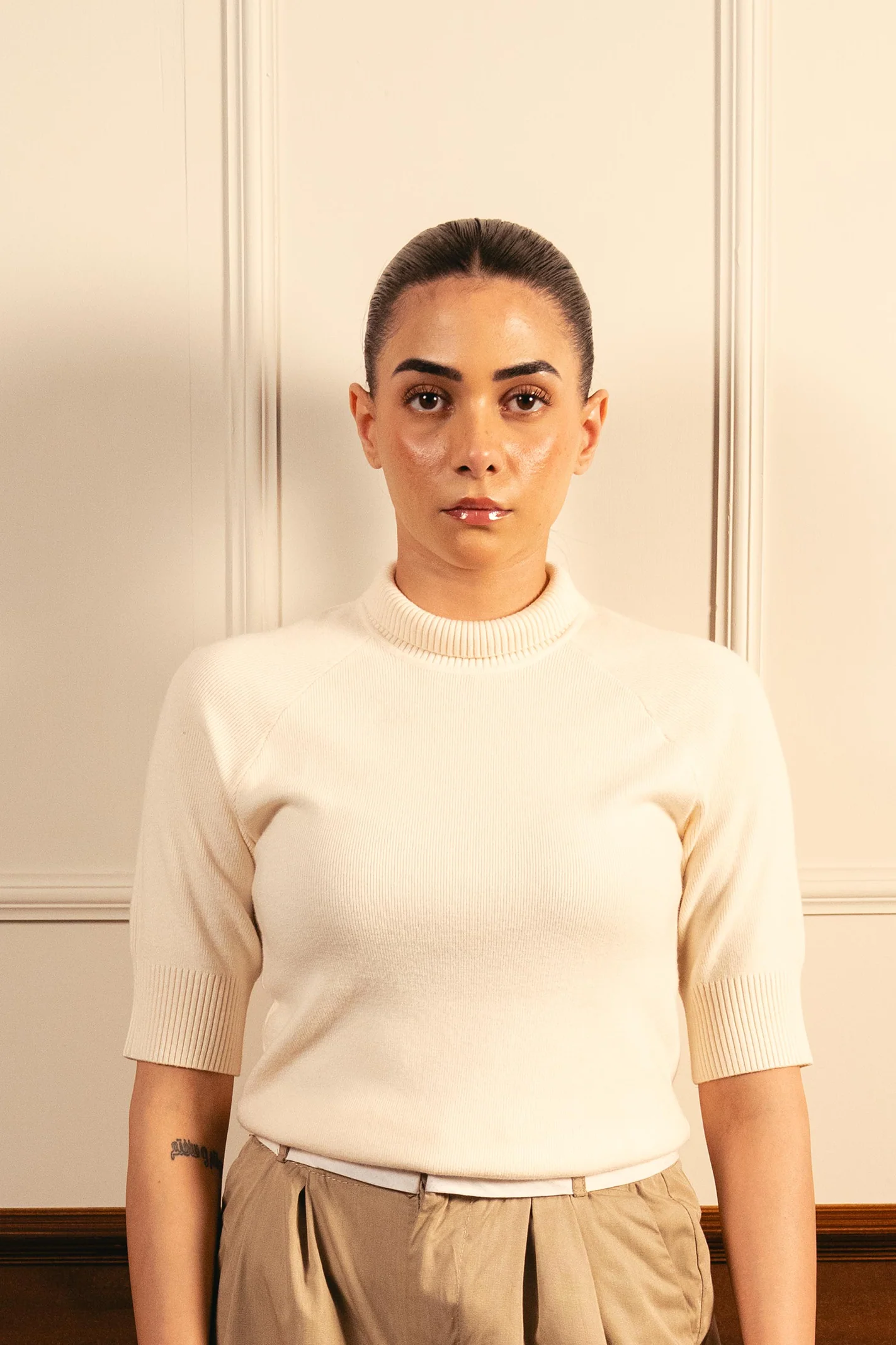 Fine Knit Mock Neck Top - Cream - Image 3