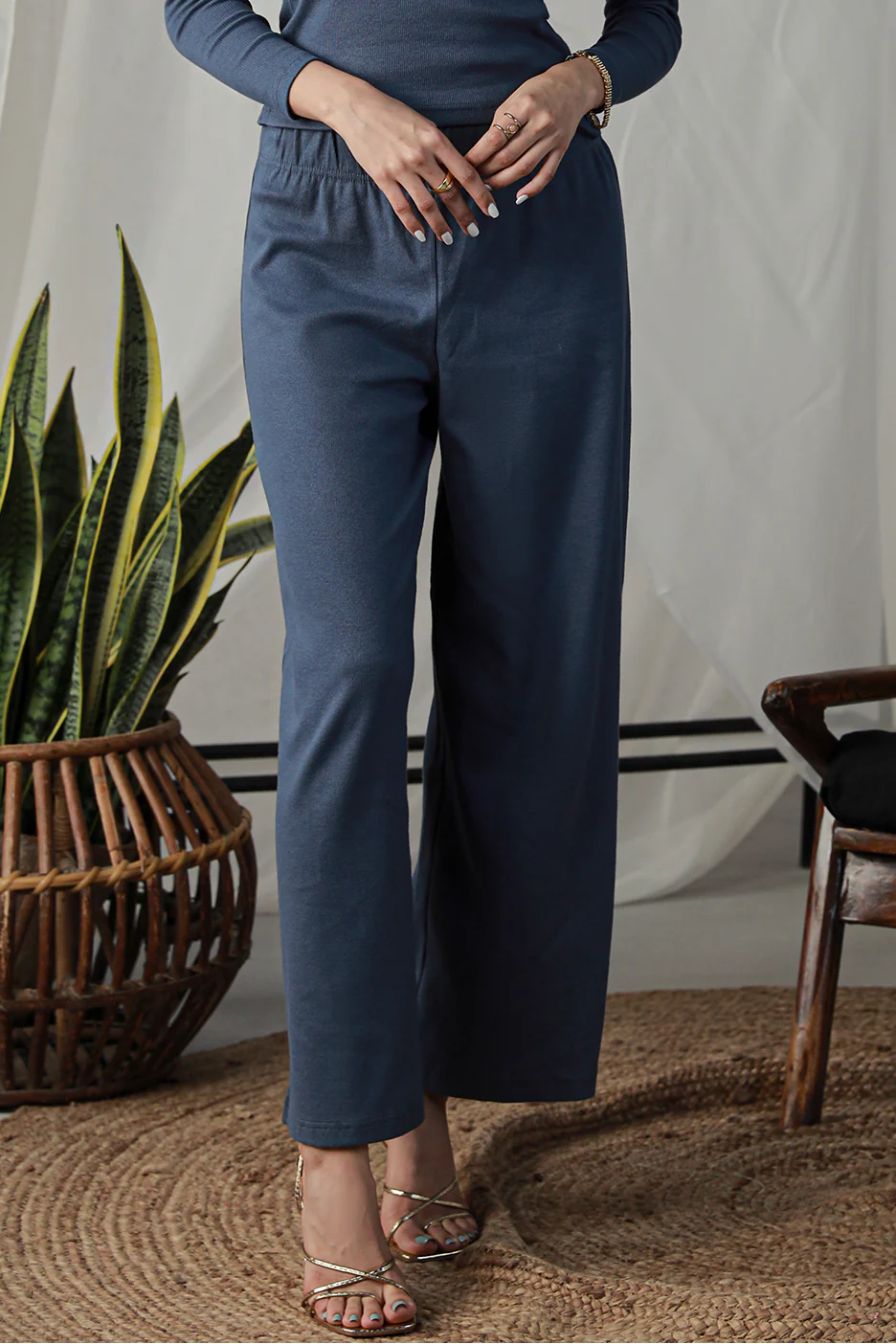 Rib Wide Leg Pants - Indigo - Image 2