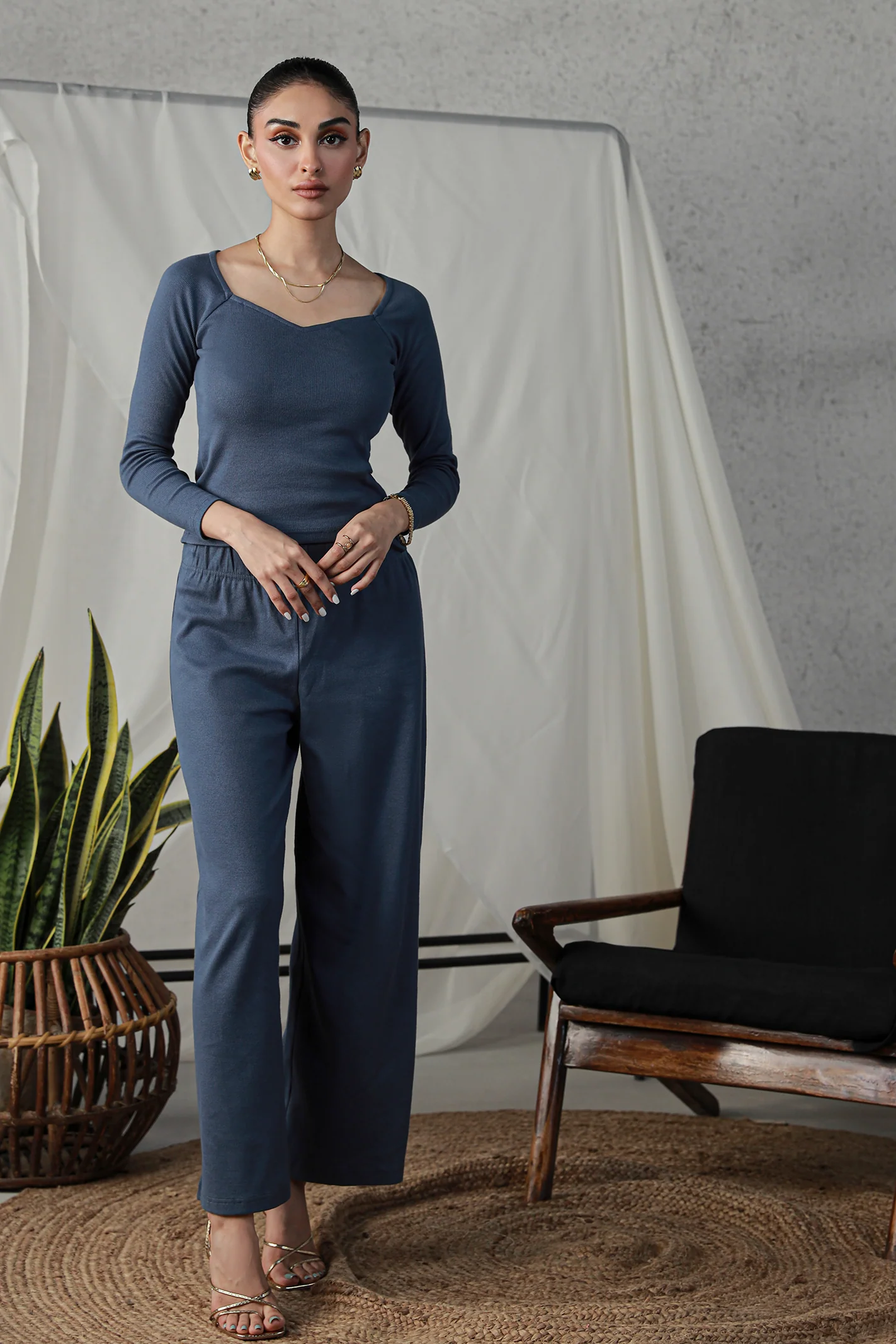 Rib Wide Leg Pants - Indigo - Image 4