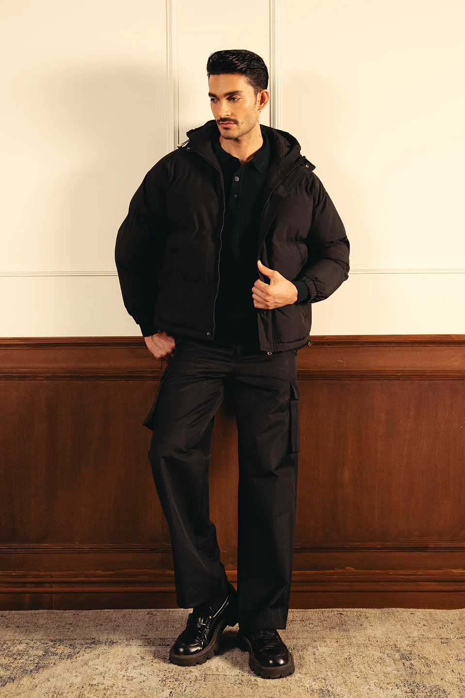 Insulated Hooded Puffer Jacket - Black - Image 3
