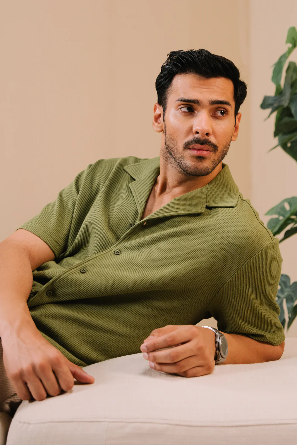 Boxy Fit Waffle Shirt – Mid Green - Image 3