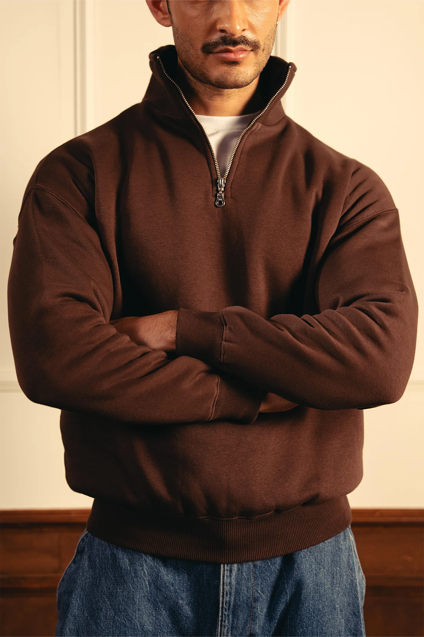 Classic Quarter Zip Sweatshirt – Brown - Image 3