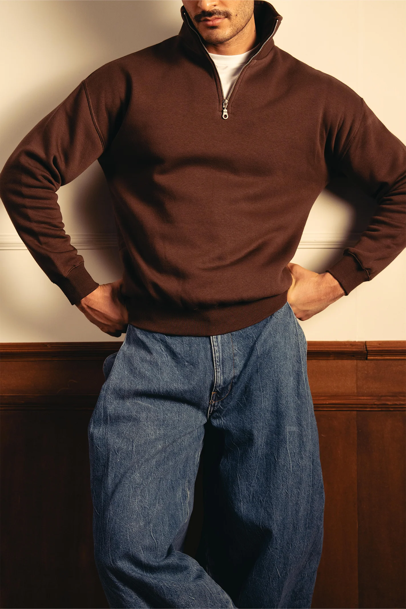 Classic Quarter Zip Sweatshirt – Brown - Image 5