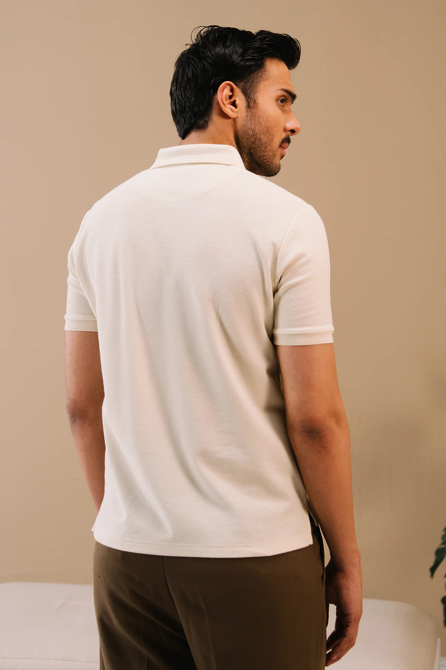 Honeycomb Textured Polo Shirt – Off White - Image 3