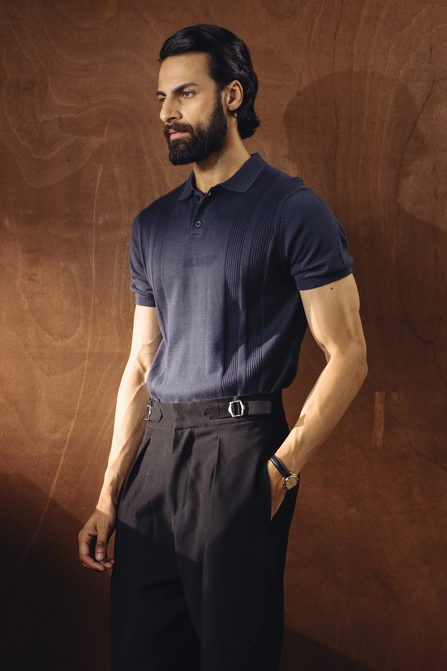 Jacquard Fine Knit Polo Shirt – Navy Blue - Image 4