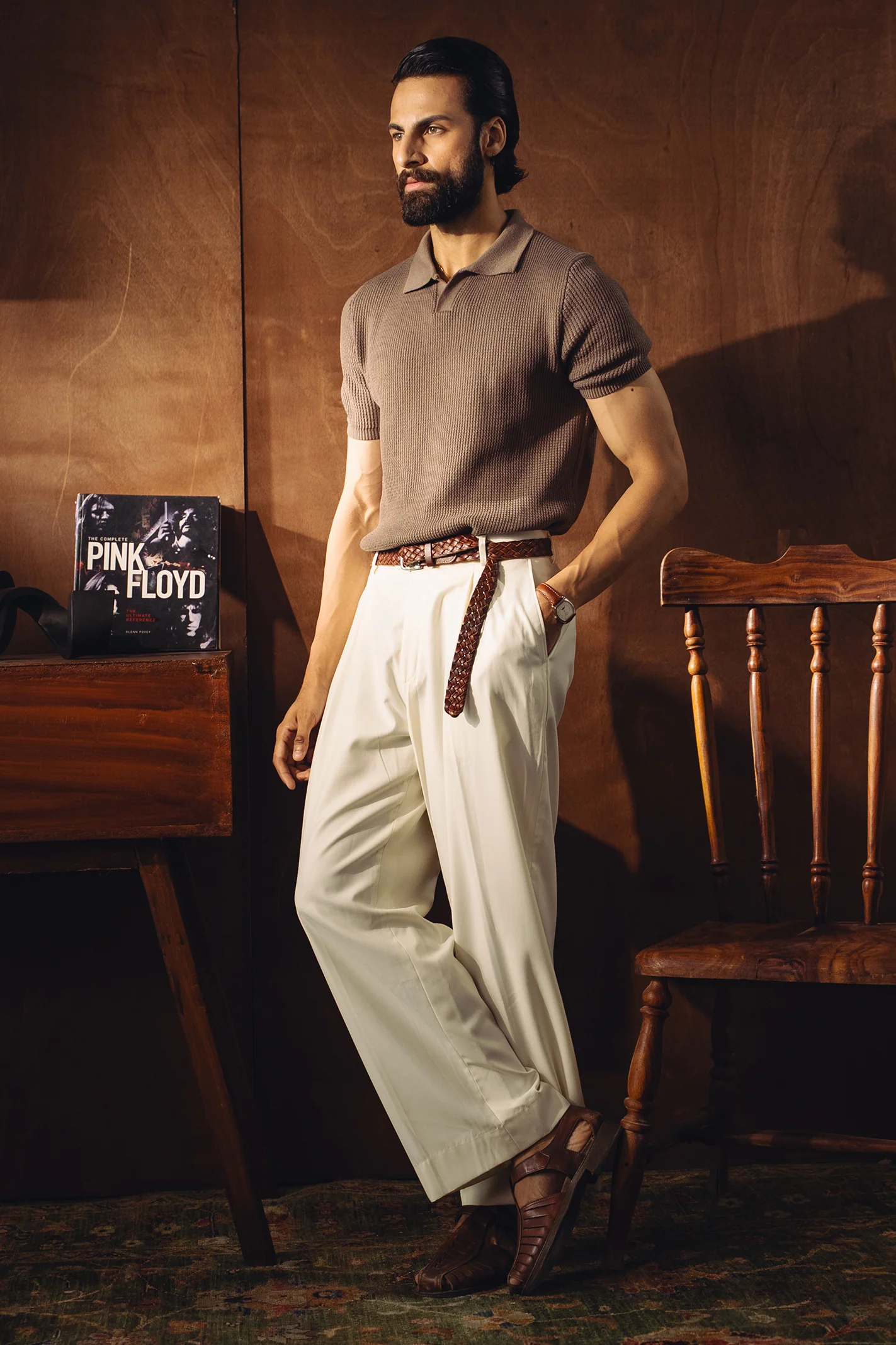 Johnny Collar Textured Knitted Polo Shirt – Camel - Image 5