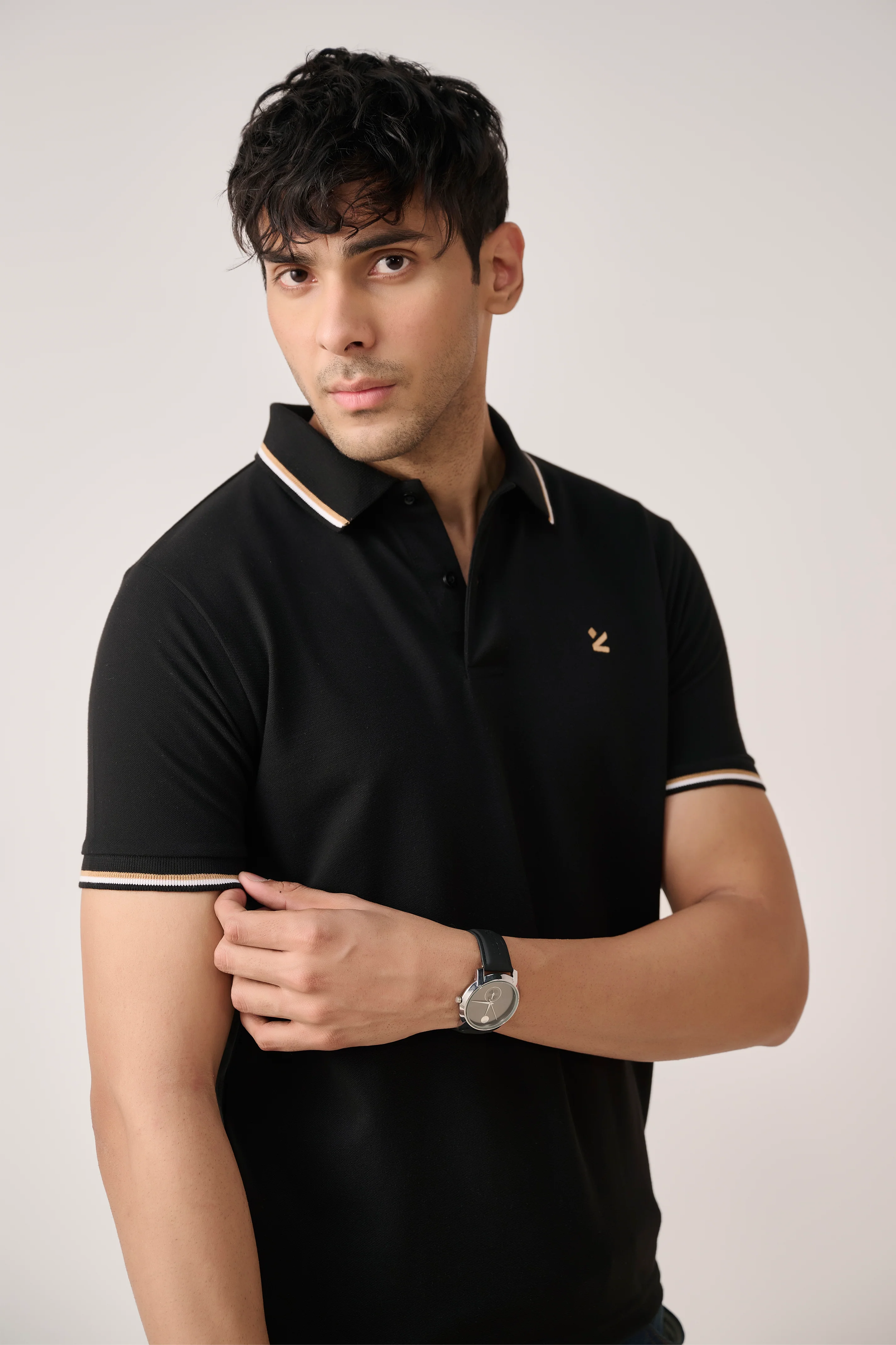 Pique Polo Shirt with Stripe Collar β Black - Image 3