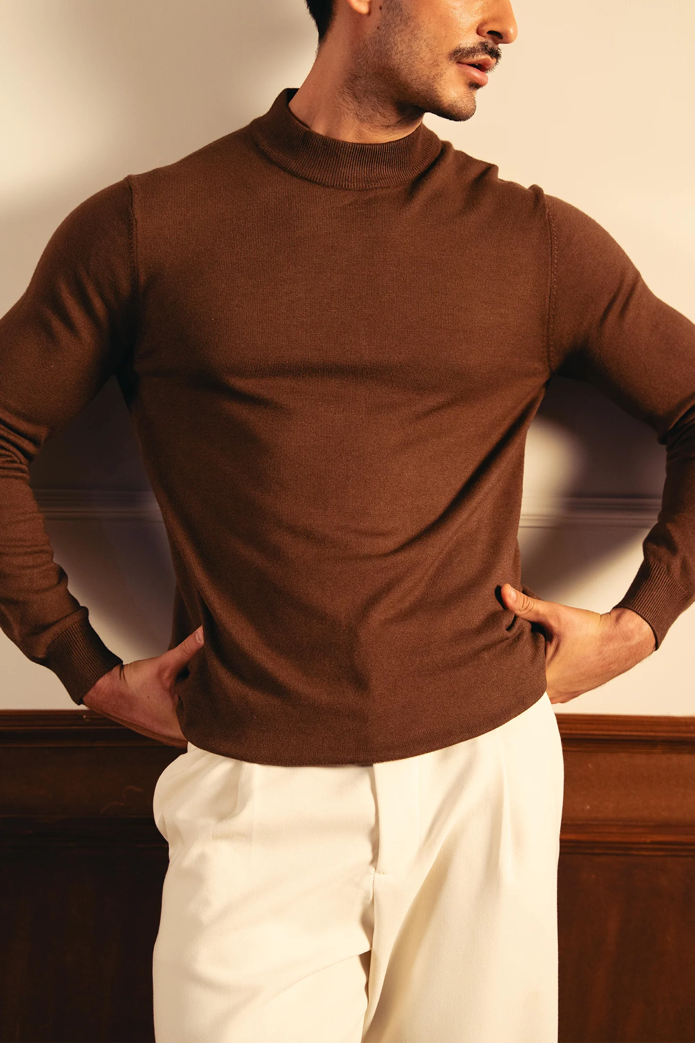 Soft Knit Mock Neck Sweater – Coffee - Image 3