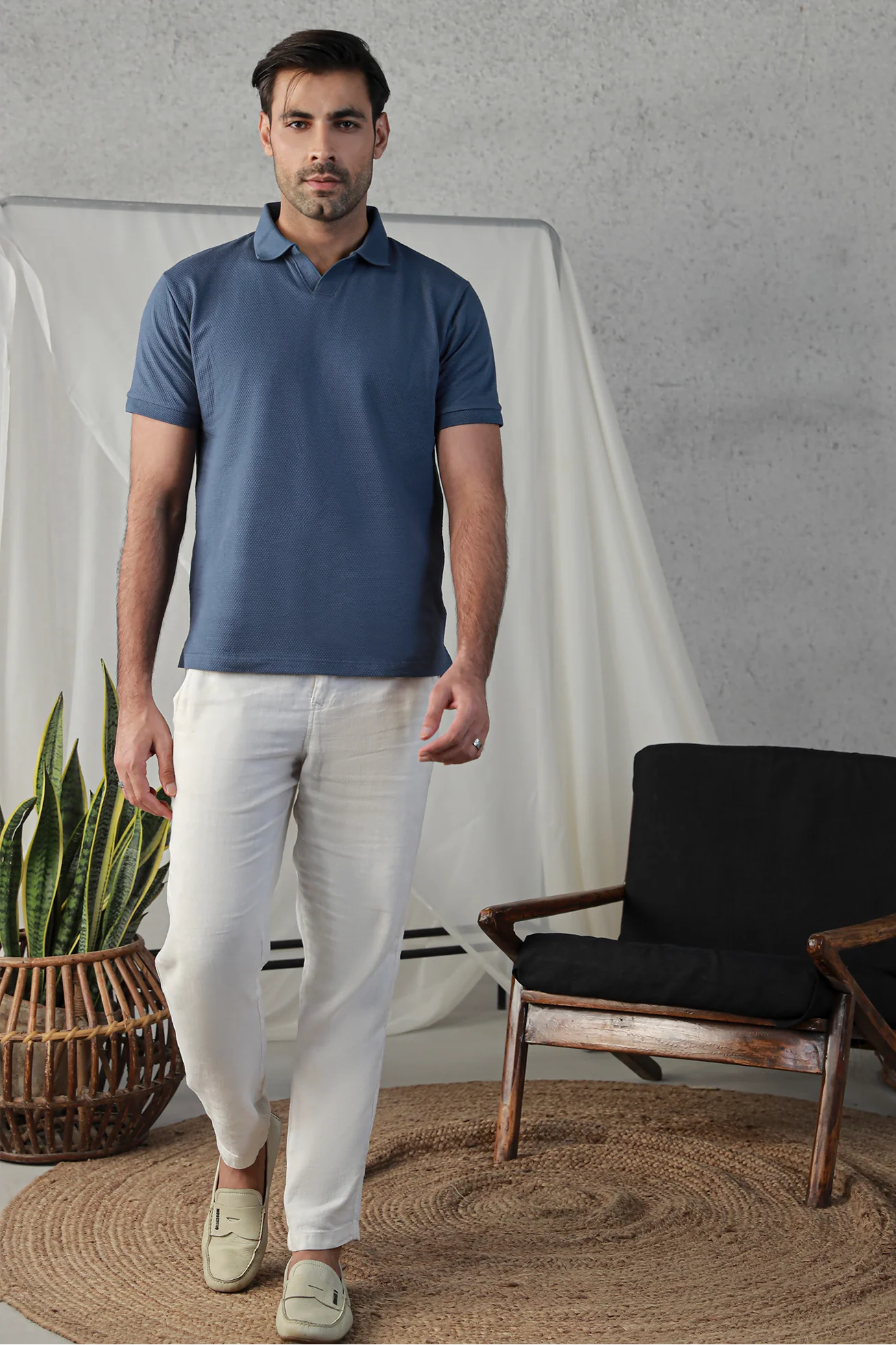 Textured Popcorn Polo Shirt – Indigo - Image 5