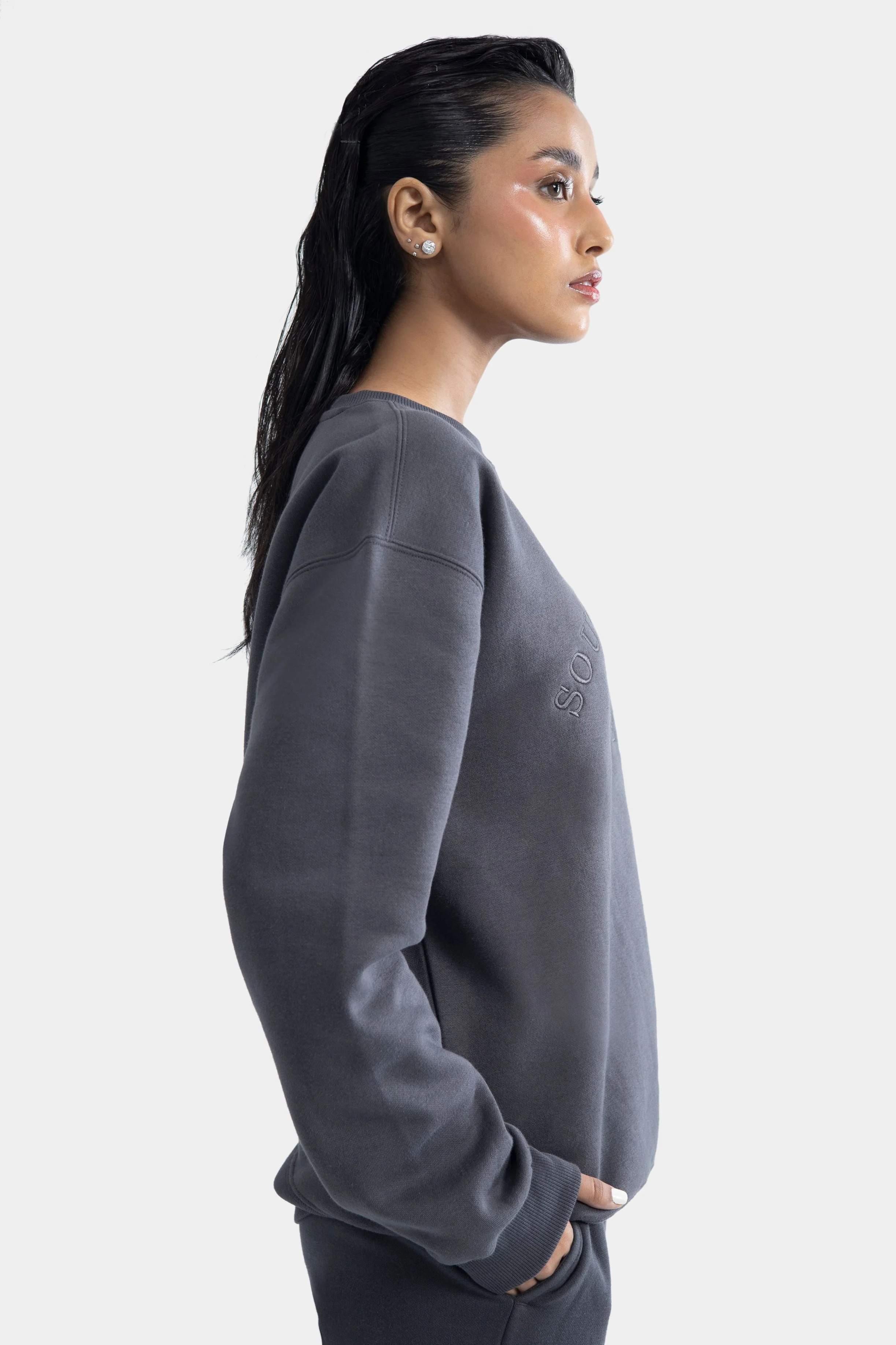 Drop Shoulder Embroidered Sweatshirt - Charcoal - Image 3