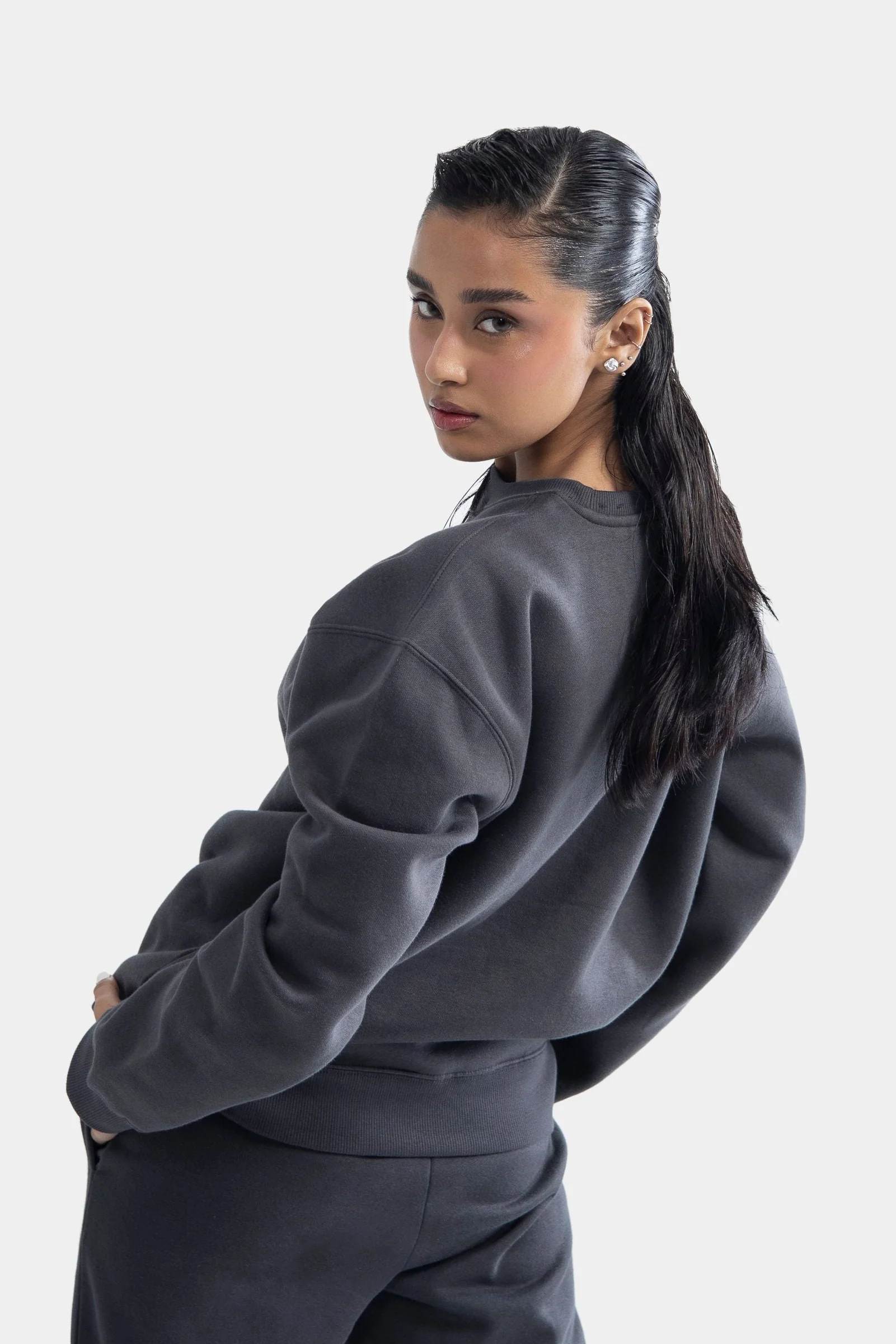 Drop Shoulder Embroidered Sweatshirt - Charcoal - Image 5