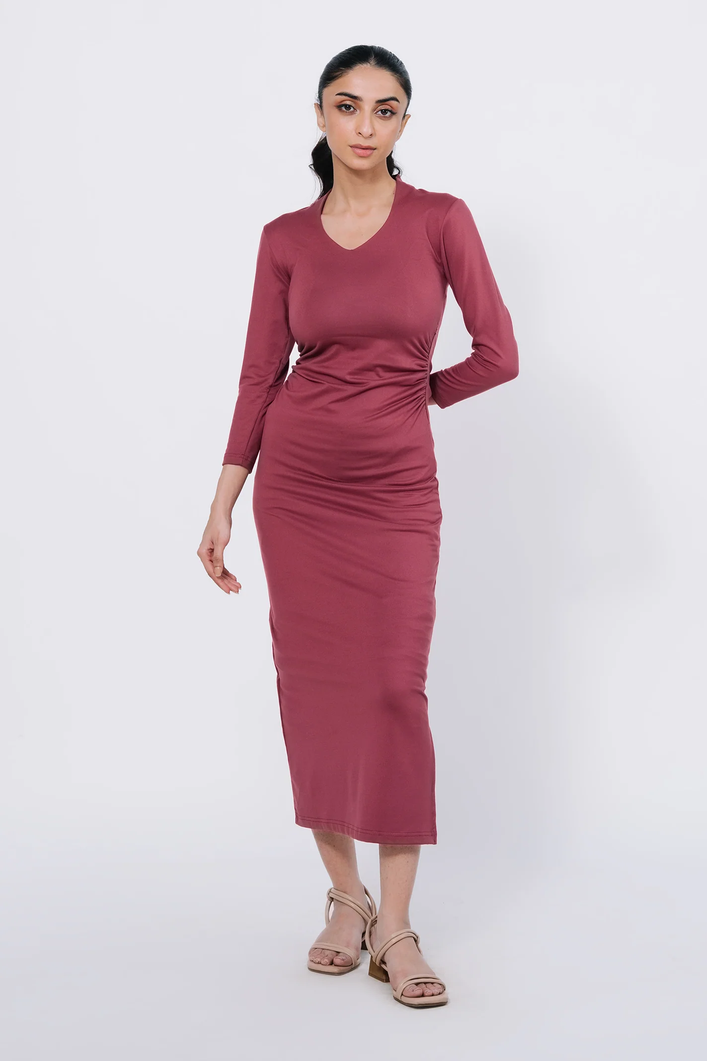 Pleated Bodycon Dress - Ash Rose - Image 3