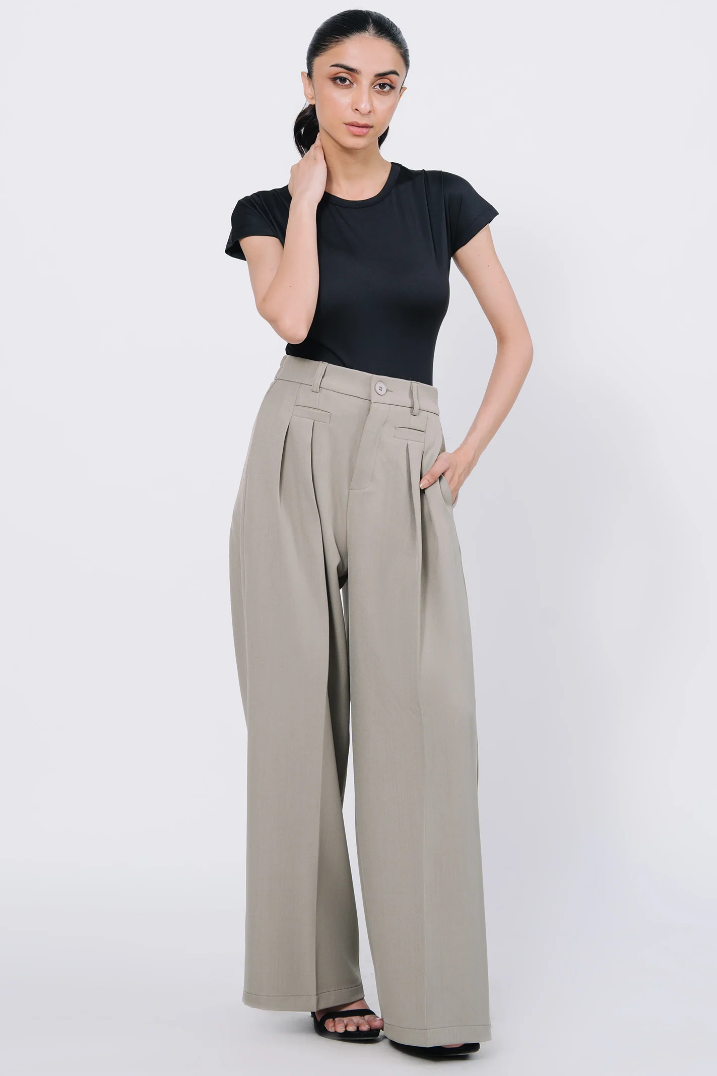 Pleated wide leg pants -Fawn - Image 5