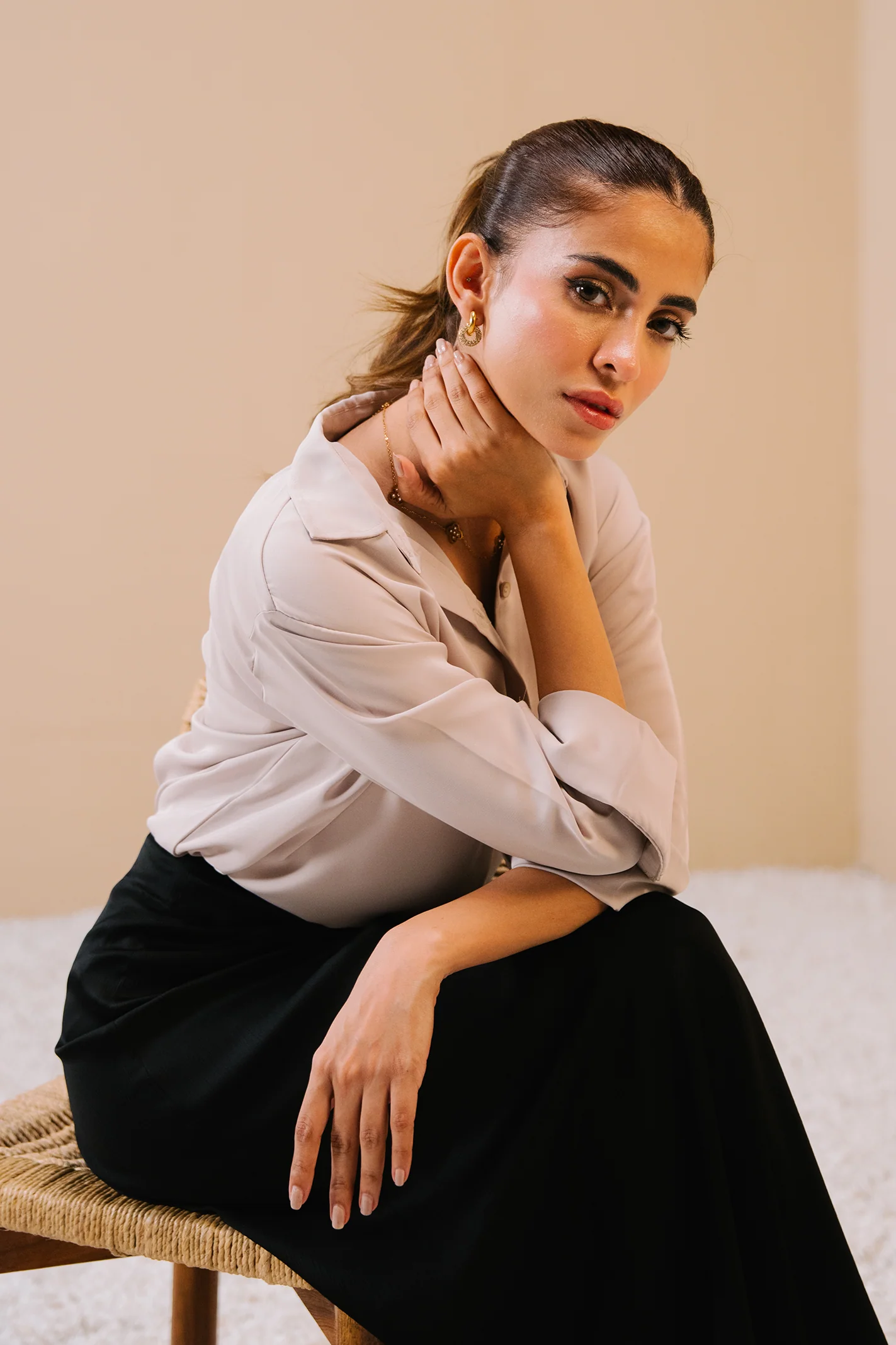 Satin button-down Shirt - Cream - Image 4