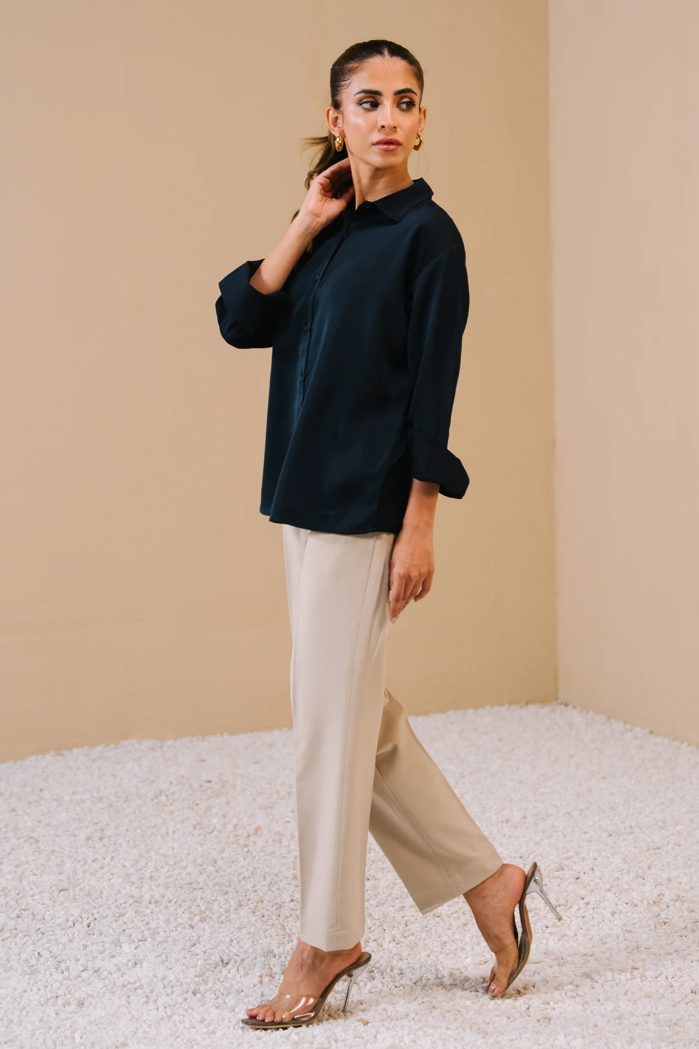 Satin button-down Shirt - Navy - Image 3