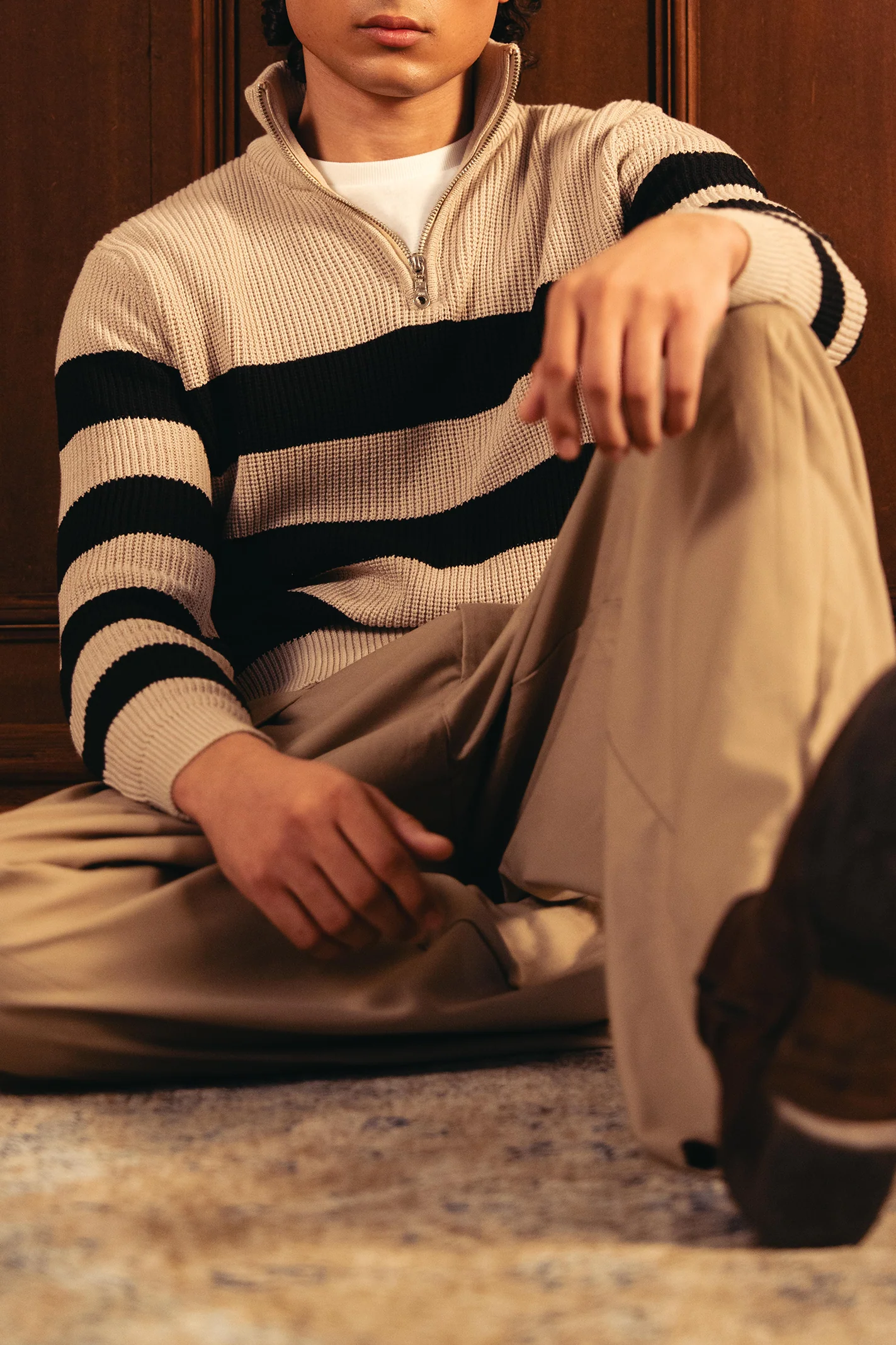 Quarter Zip Stripped Sweater β Cream and Black - Image 4