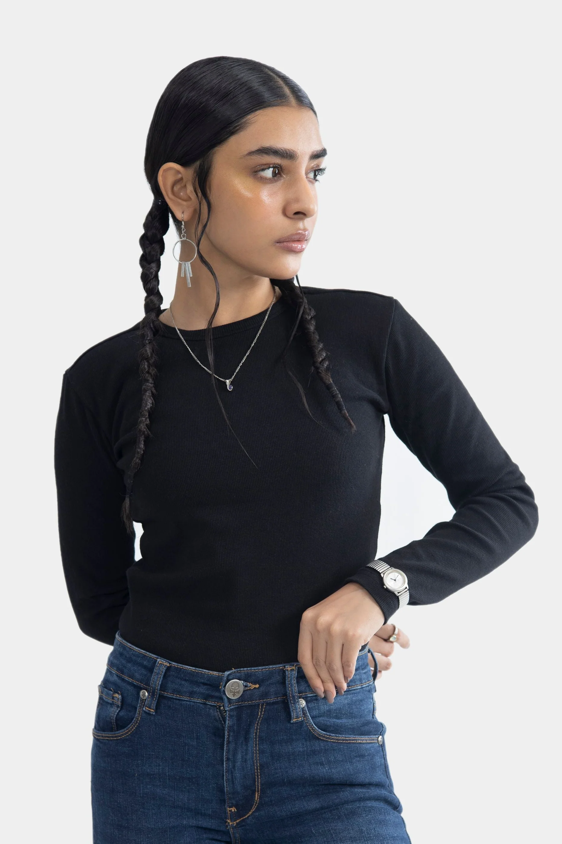 Round Neck Ribbed Top - Black - Image 3