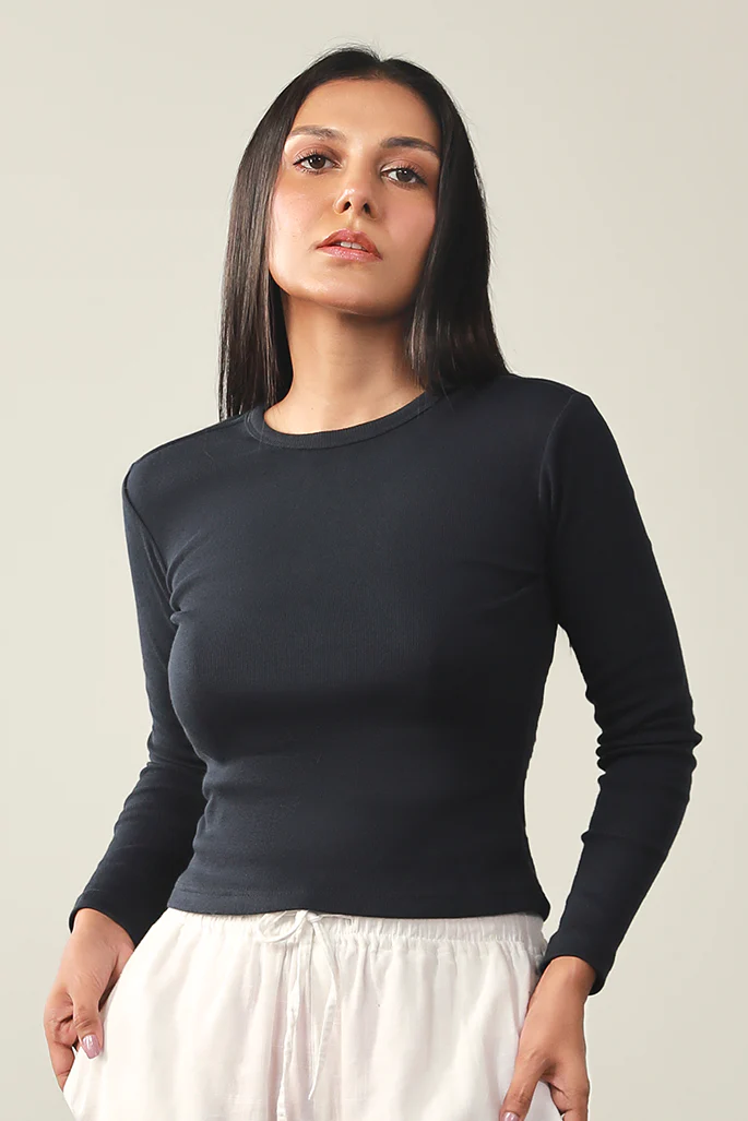 Round Neck Ribbed Top - Navy - Image 2