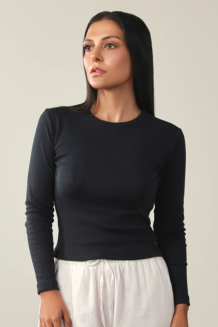 Round Neck Ribbed Top - Navy - Image 3