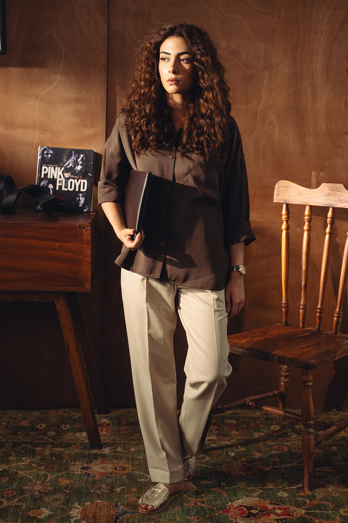 Satin Button-down Shirt - Chocolate Brown - Image 6