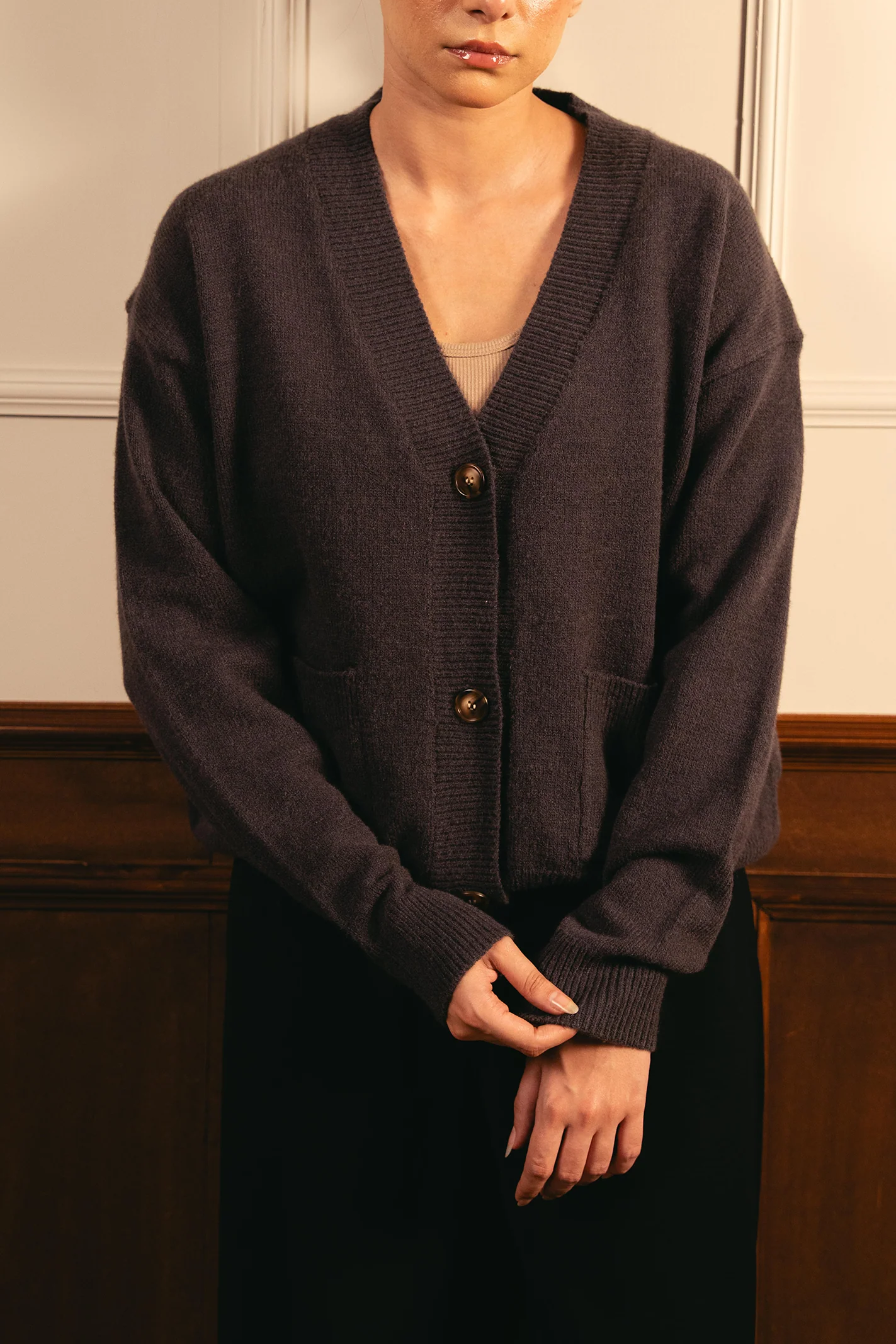 Snug-fit Wool Cardigan - Charcoal - Image 3