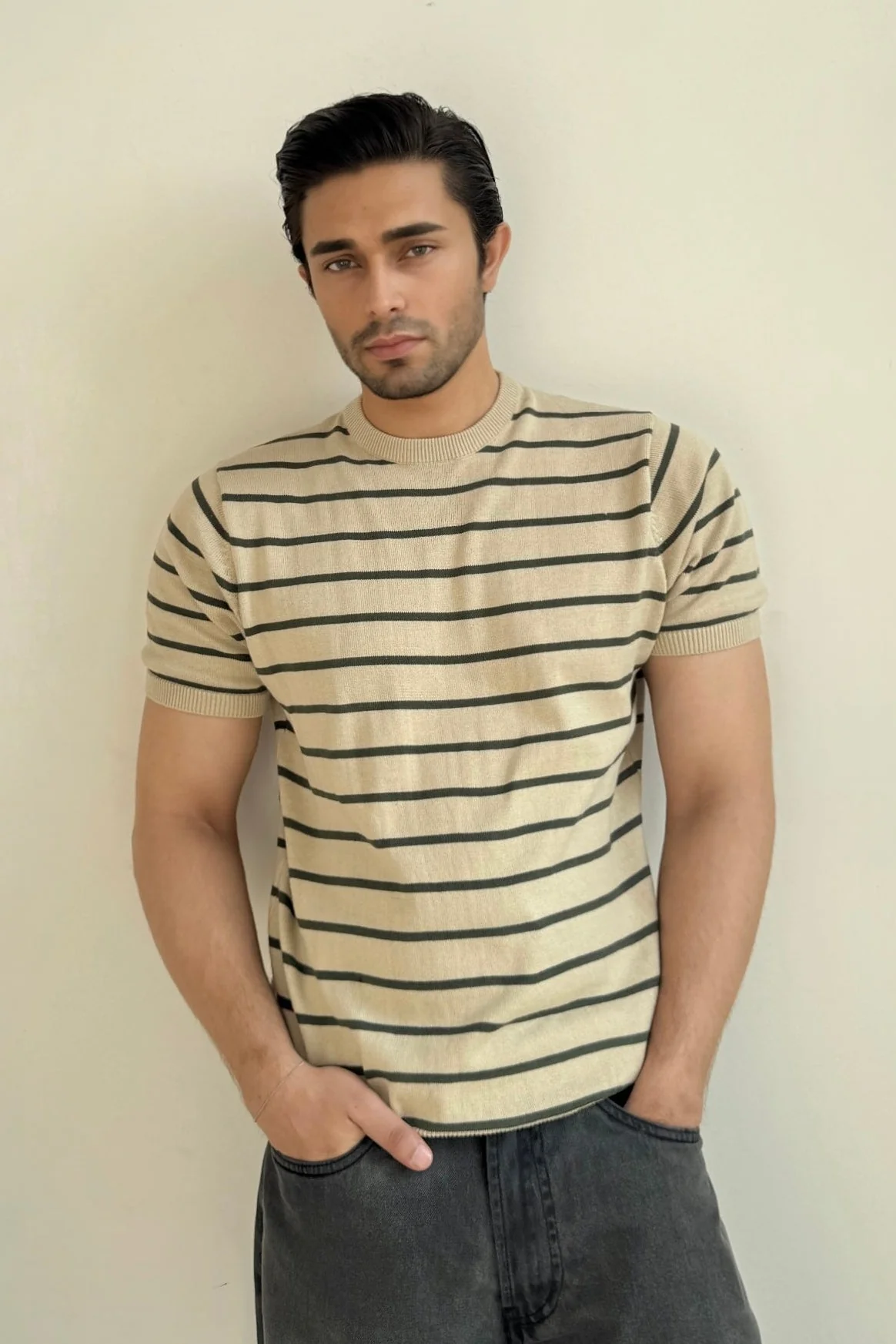 Men Soft Knit Stripe Tee - Cream and Green
