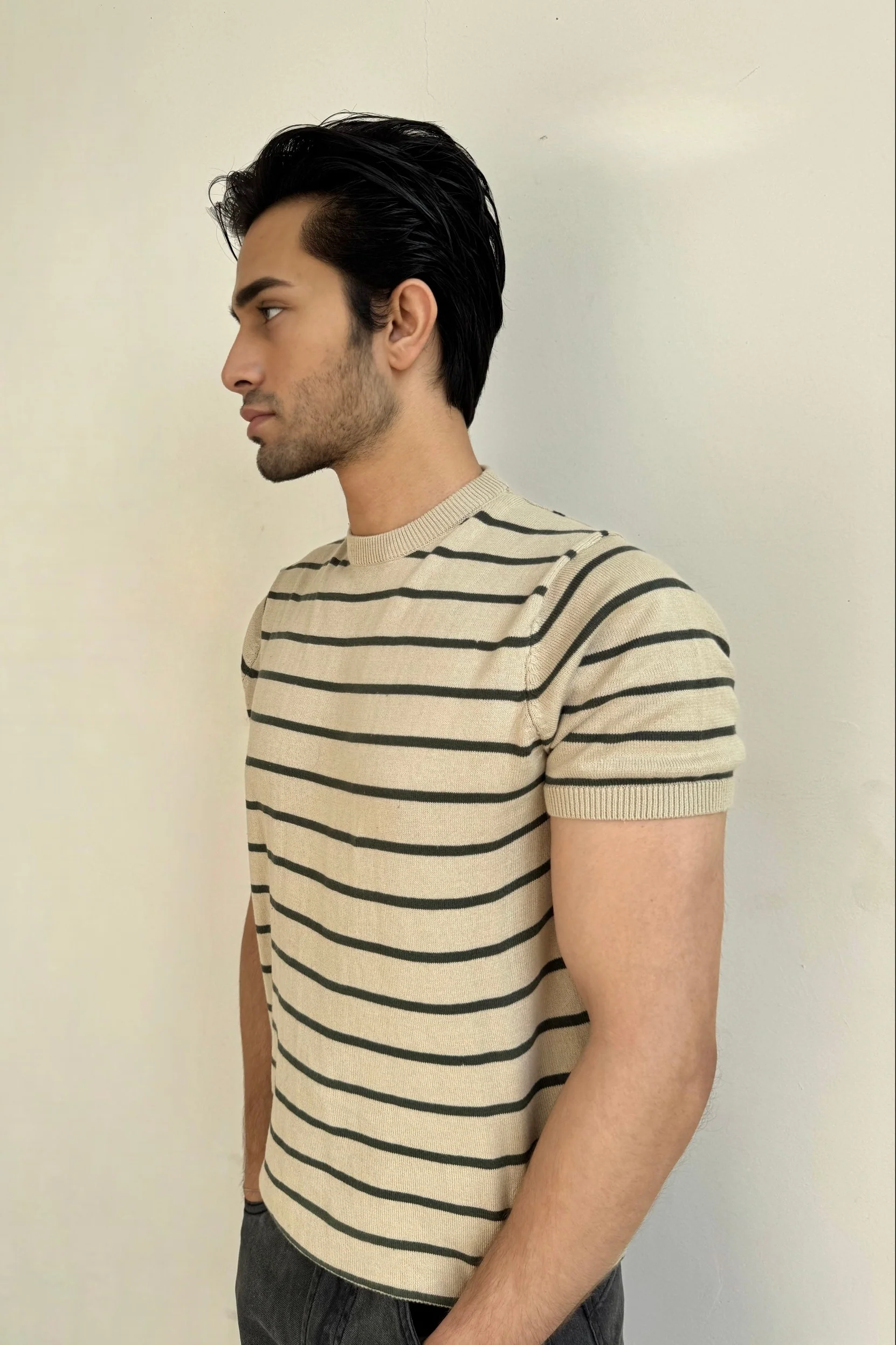 Men Soft Knit Stripe Tee - Cream and Green - Image 3