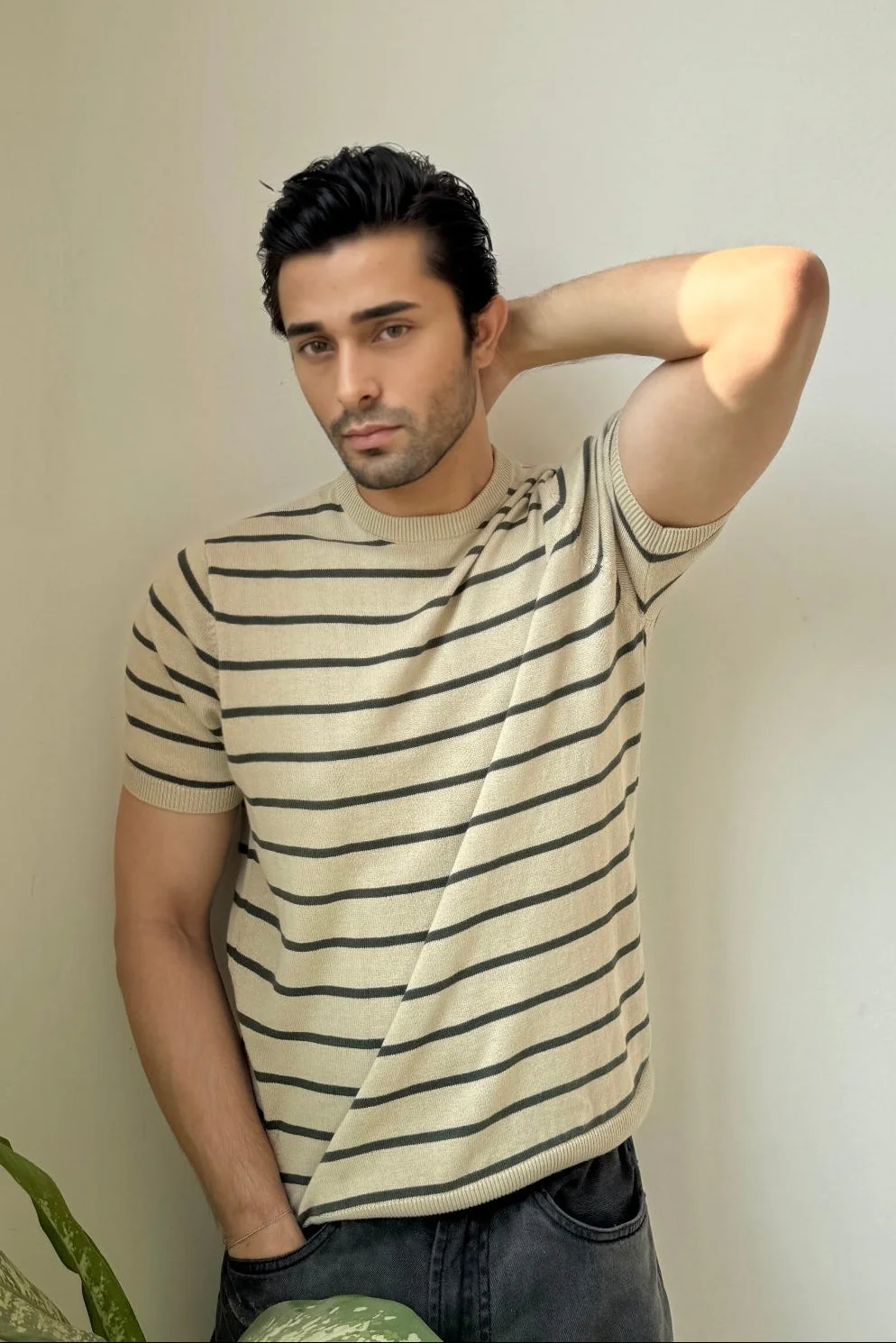 Men Soft Knit Stripe Tee - Cream and Green - Image 5