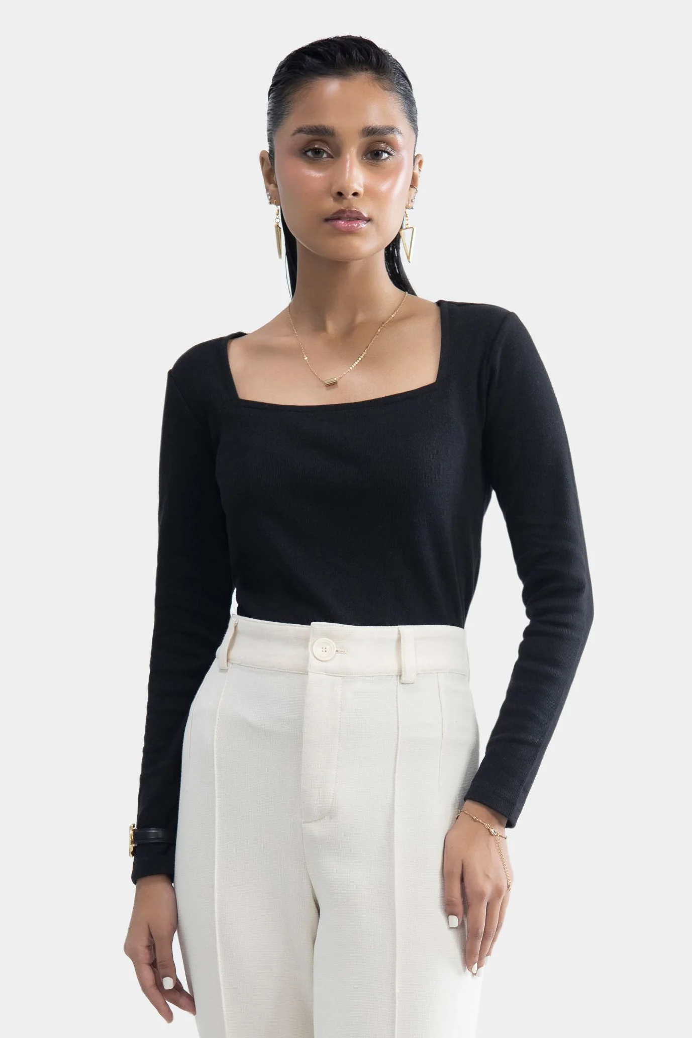 Square Neck Ribbed Top - Black