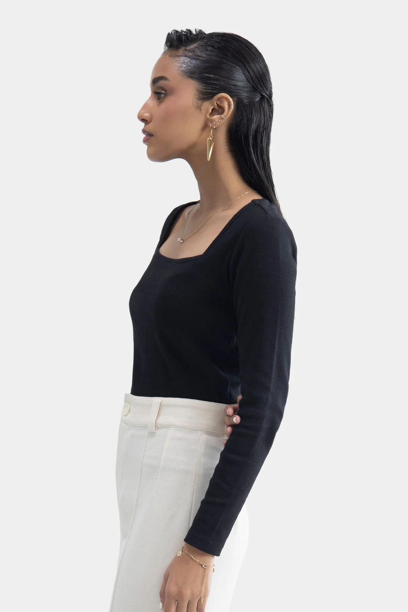 Square Neck Ribbed Top - Black - Image 2