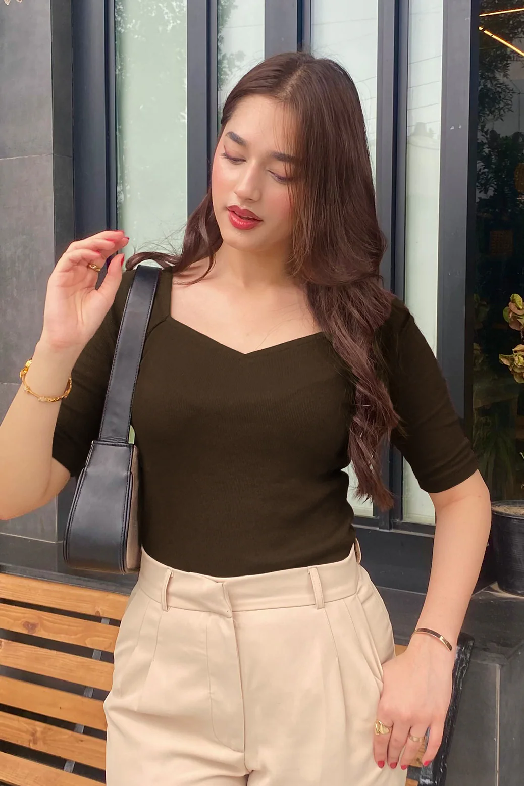 Sweet Heart Neck Top - Chocolate Brown - Image 3