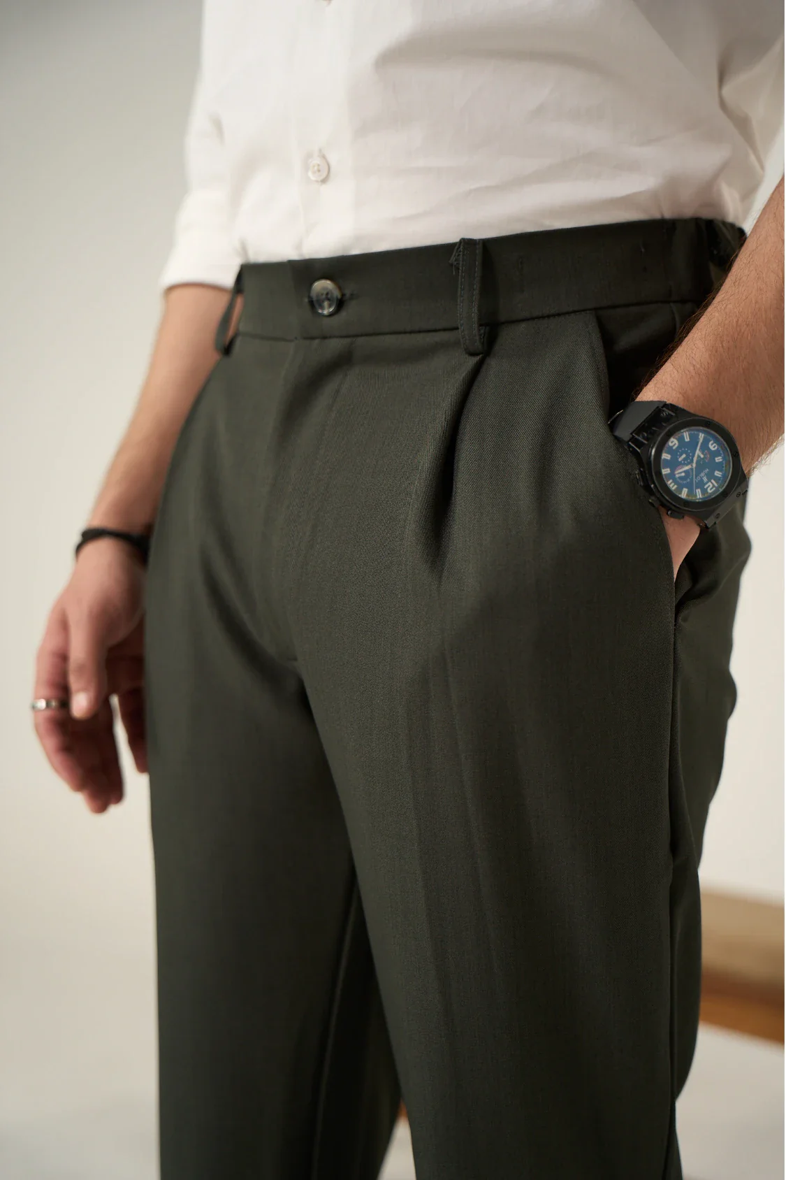 Tailored Pleated Pants - Greenish Grey - Image 3