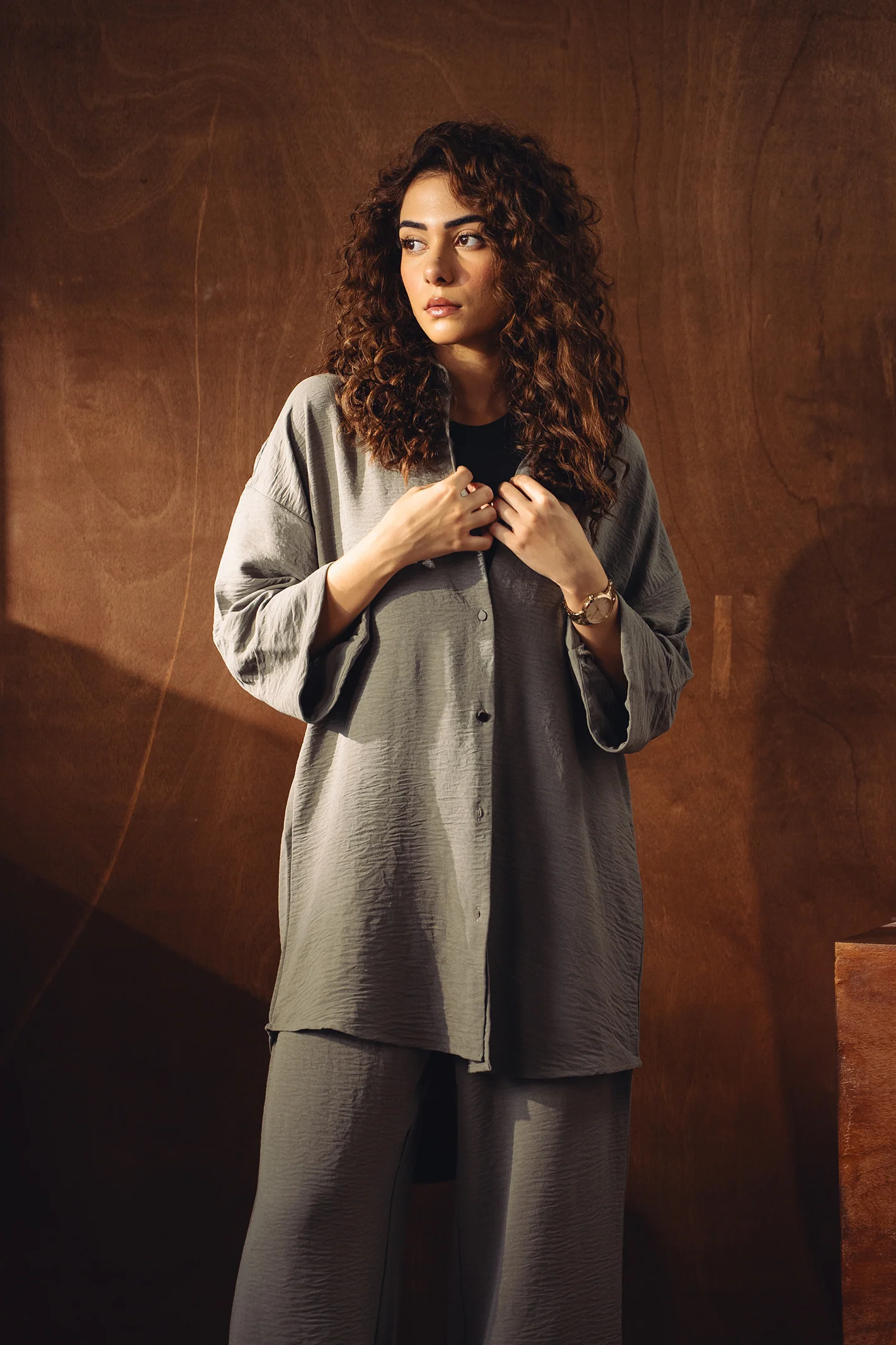 Textured Button Down Co-ord Set - Ice Grey - Image 4