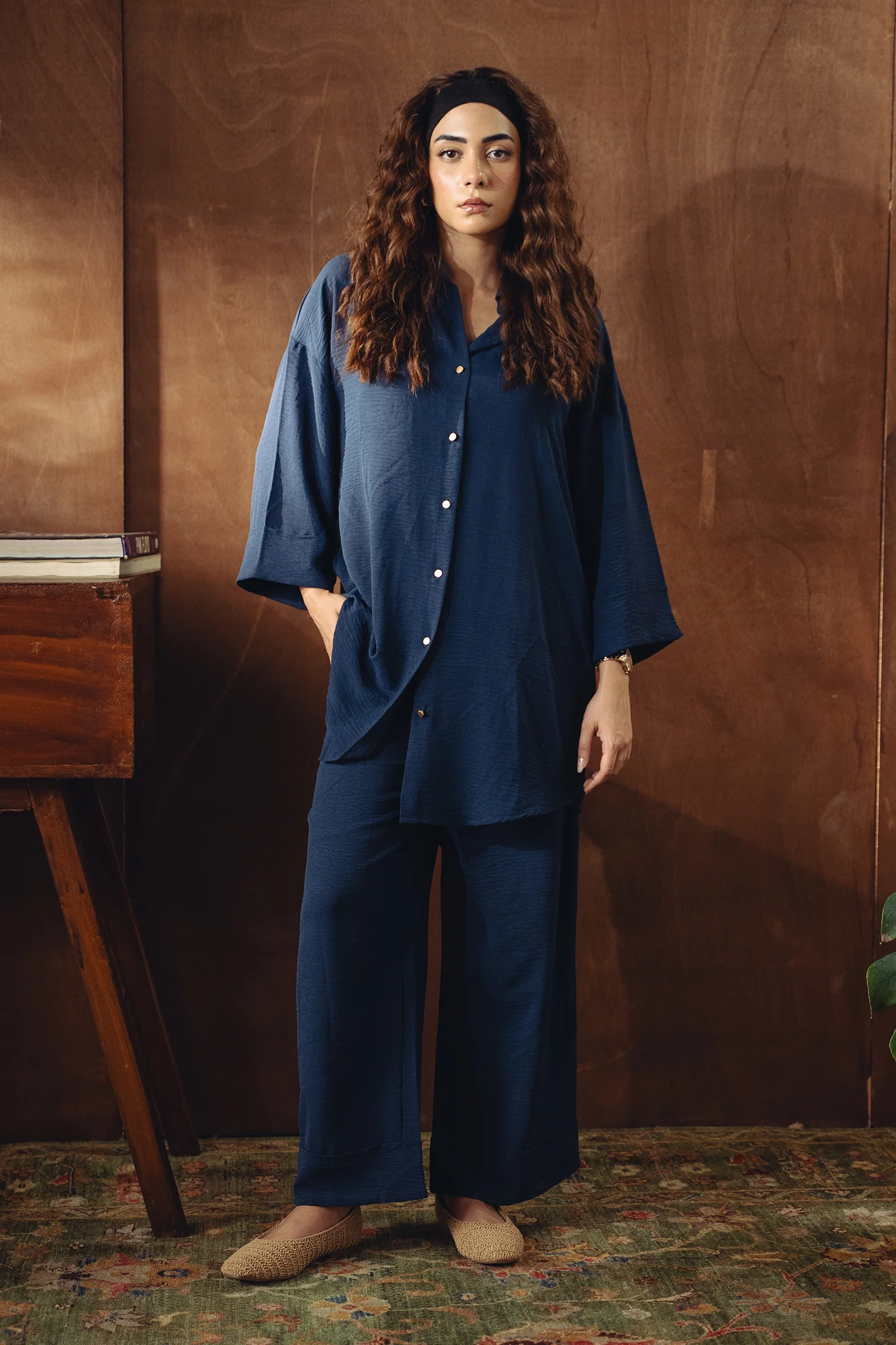 Textured Button Down Co-ord Set - Navy - Image 3